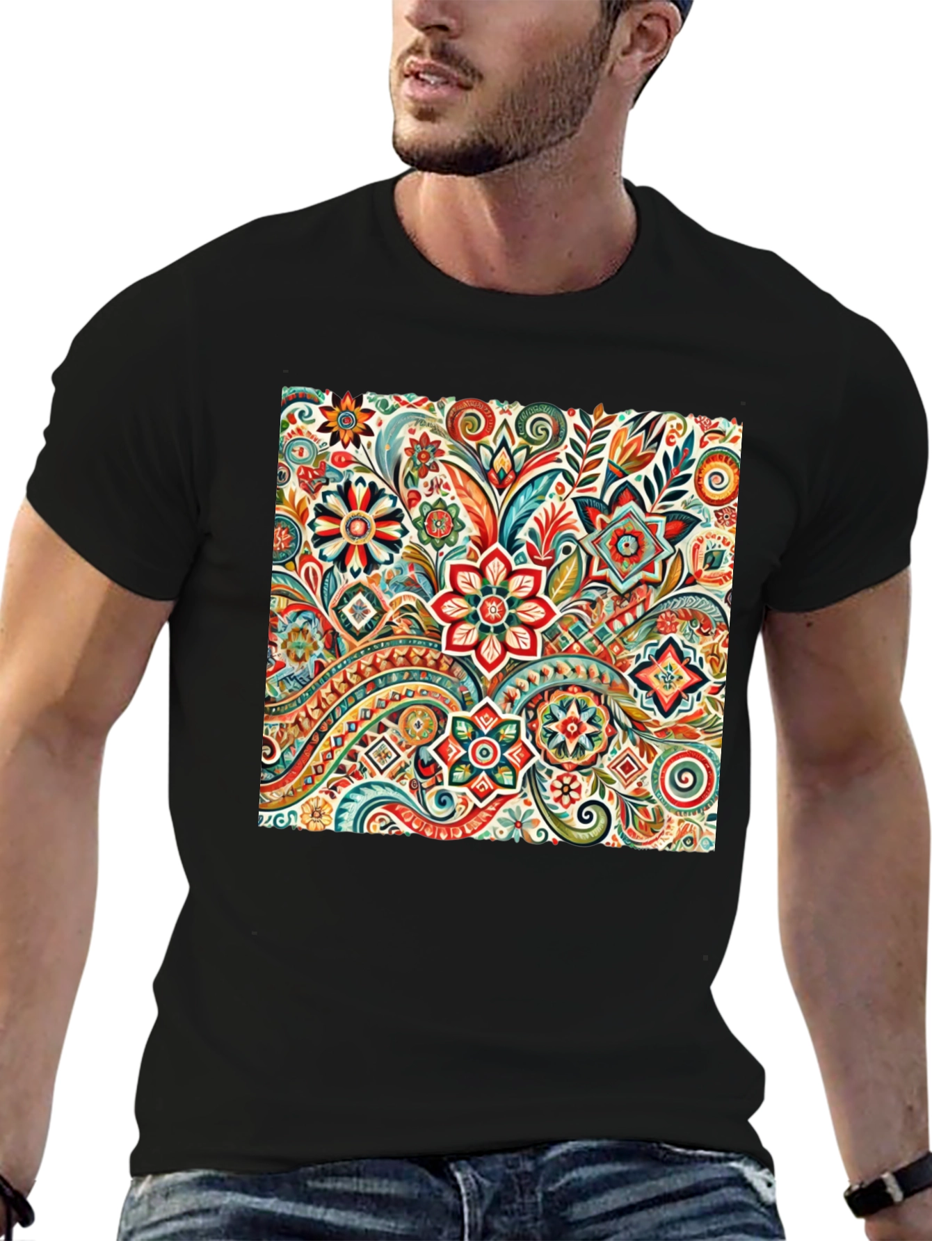 Black Floral Pattern Black T-Shirt: Vibrant & Stylish view 6