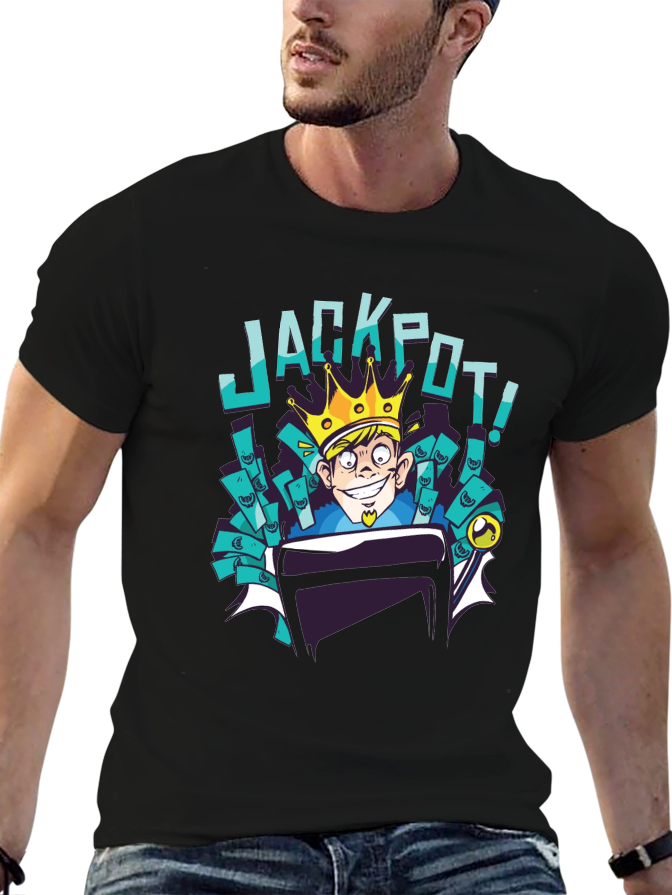 Black Jackpot Cartoon T-Shirt - Lucky King Design view 6