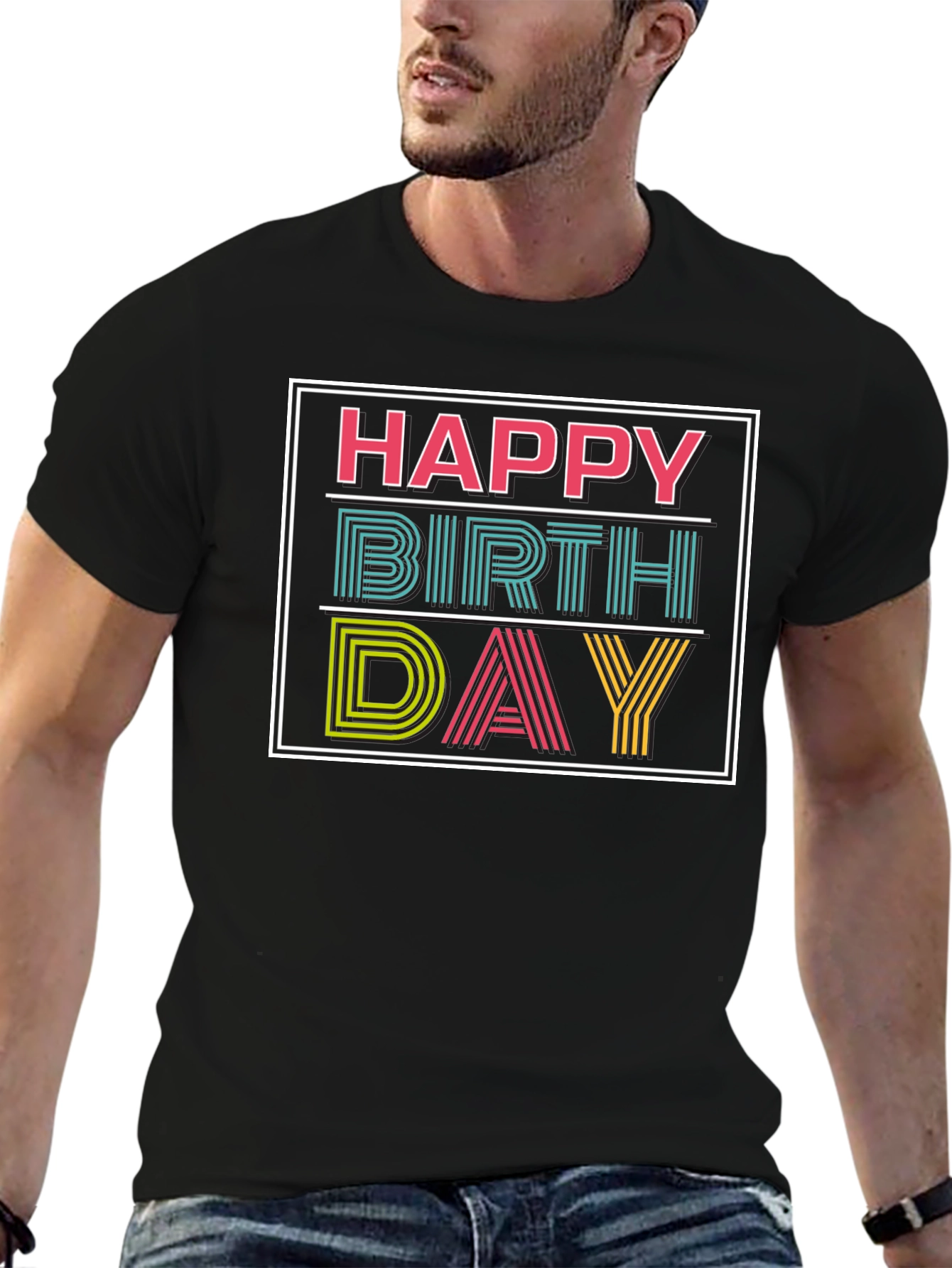 Black Happy Birthday Graphic Print Black T-Shirt view 6