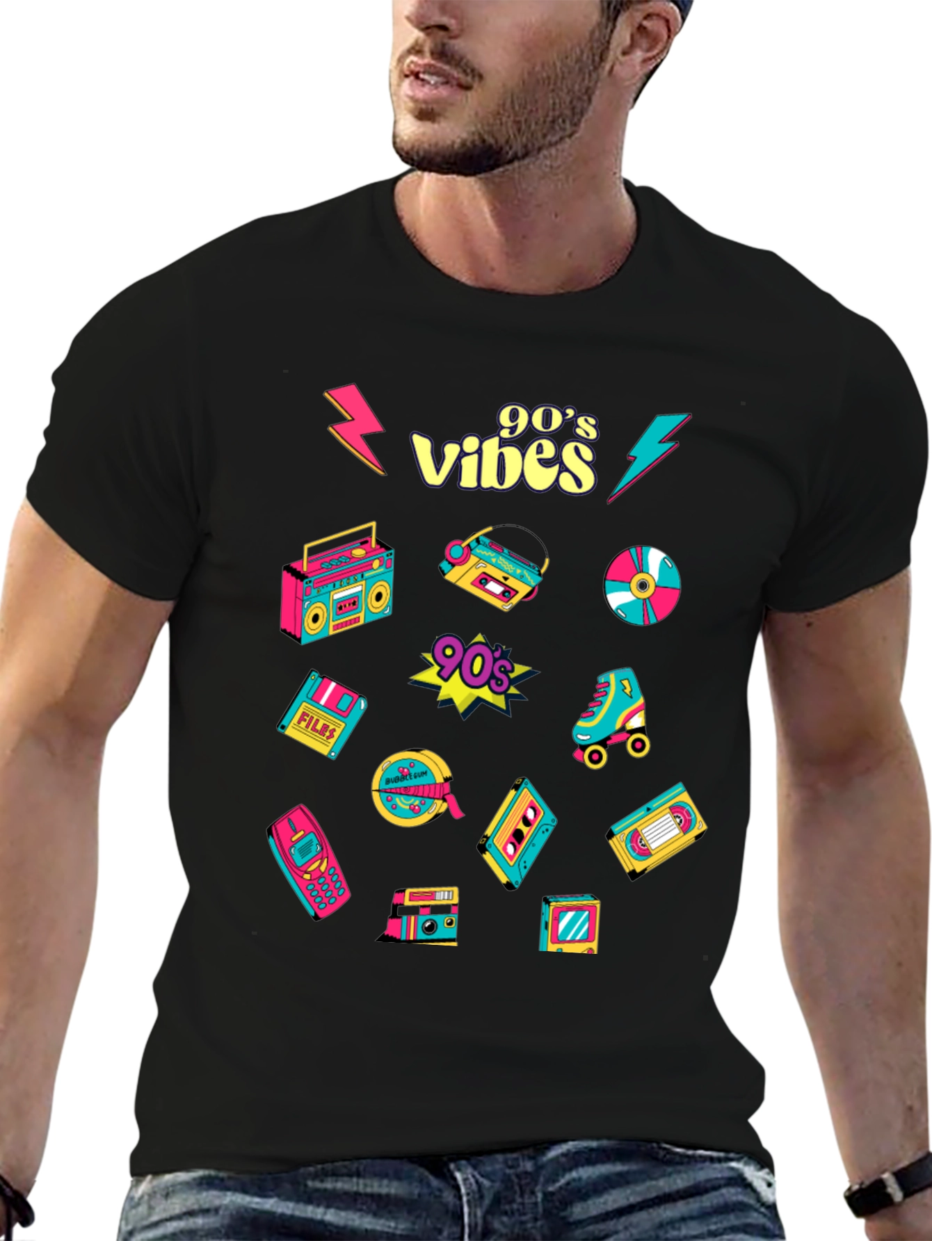 Black 90's Vibes Retro Pattern Black T-Shirt view 6