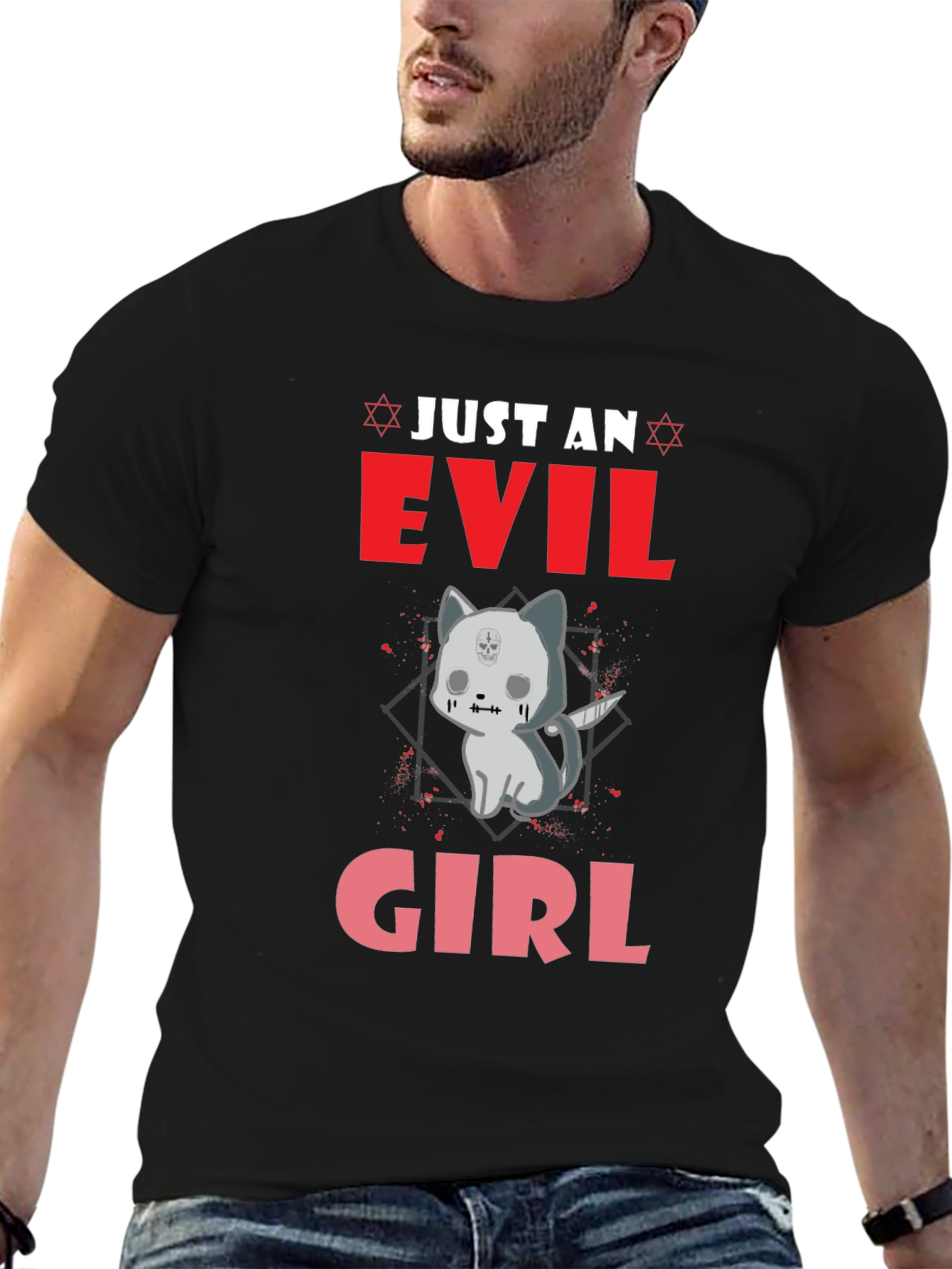 Black Evil Girl Kitten Graphic T-Shirt view 6