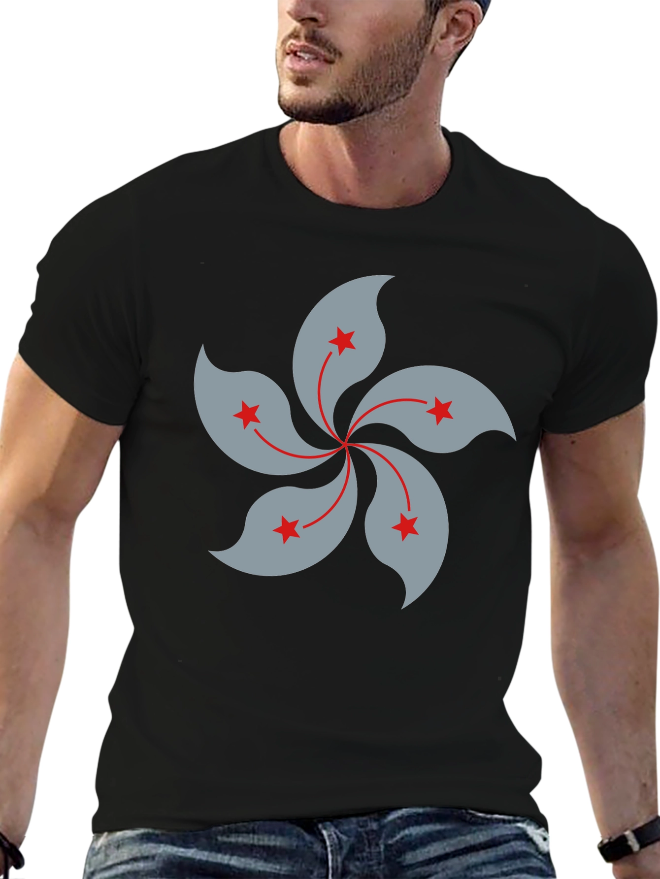 Black T-Shirt with Hong Kong Bauhinia Flower Design - 6