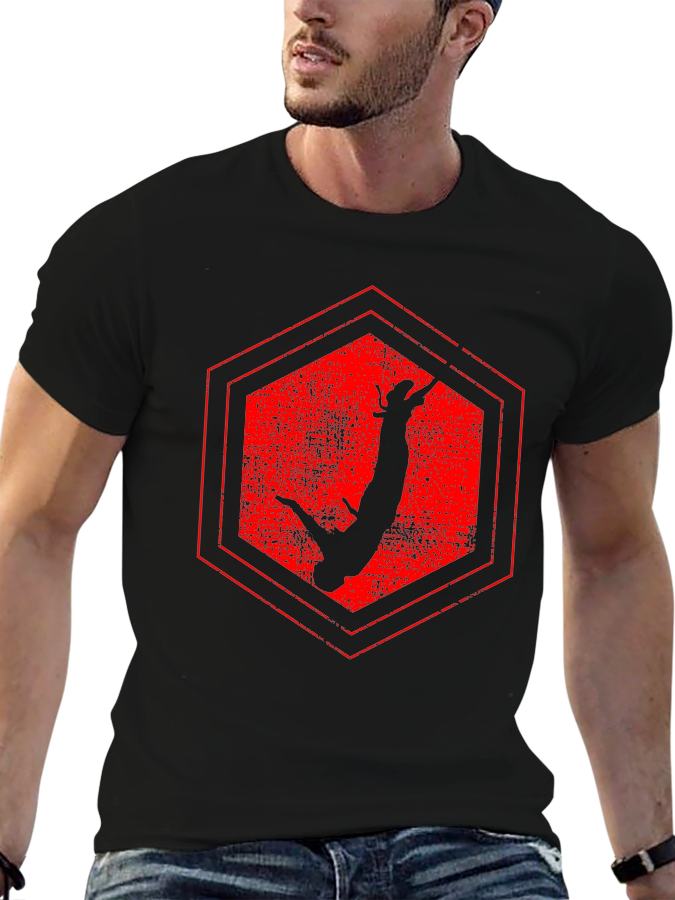 Red Hex Bungee Jumper Black T-Shirt - 6
