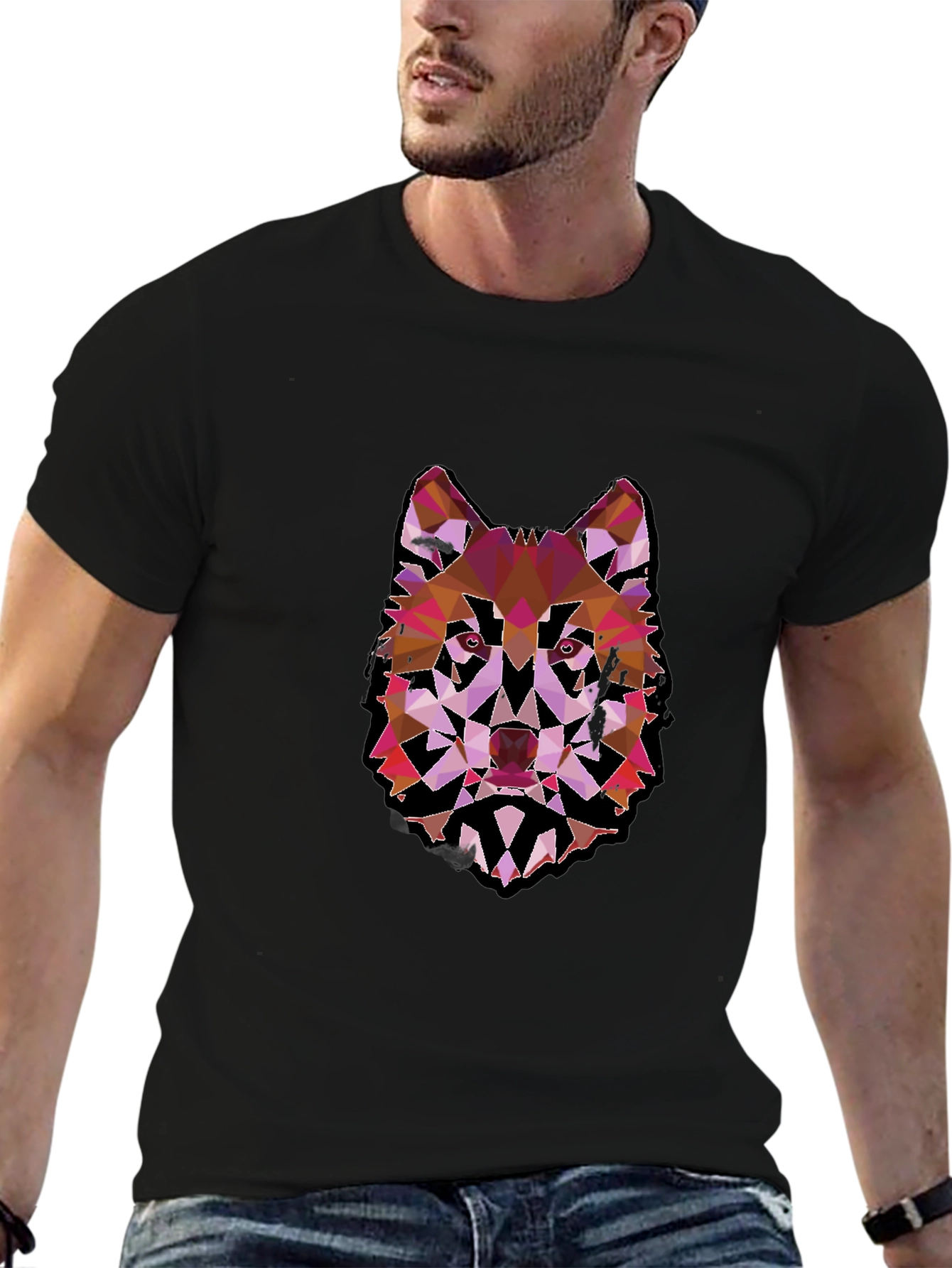 Black Geometric Wolf Graphic Black Tee view 6