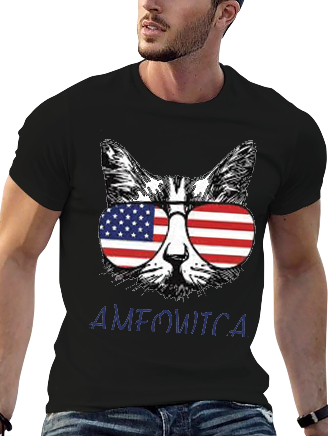 Black Patriotic Cat T-Shirt - "AMFOWTCA" Design view 6