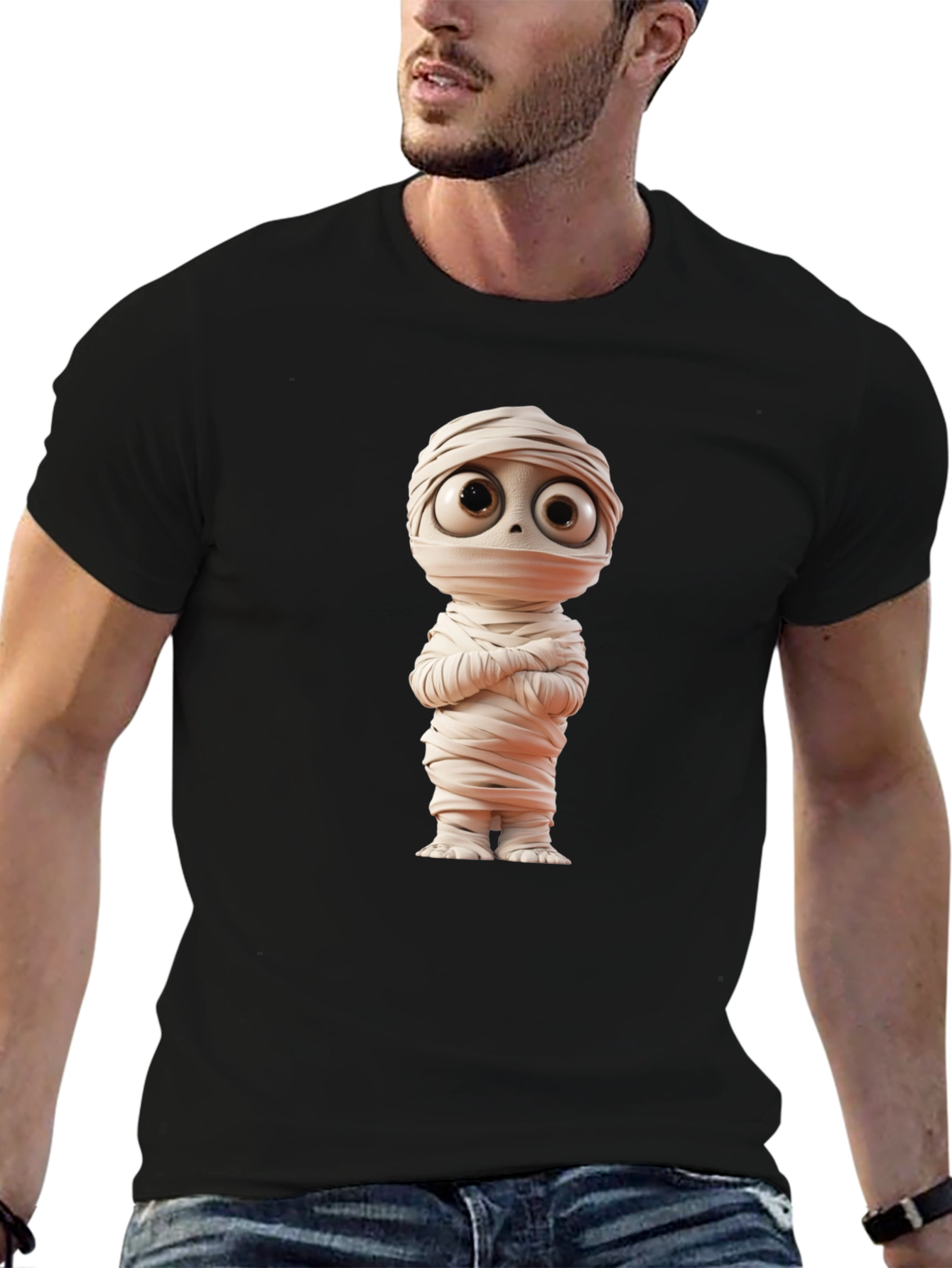 Black Cartoon Mummy Graphic Tee - Black Cotton Blend view 6