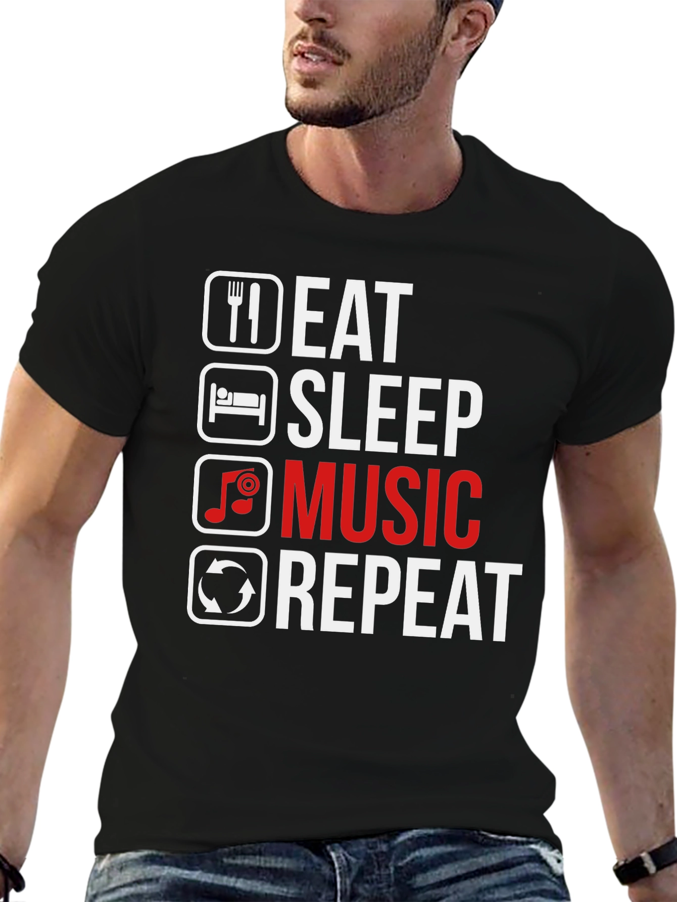 Black Eat Sleep Music Repeat T-Shirt - Music Lover Tee view 6