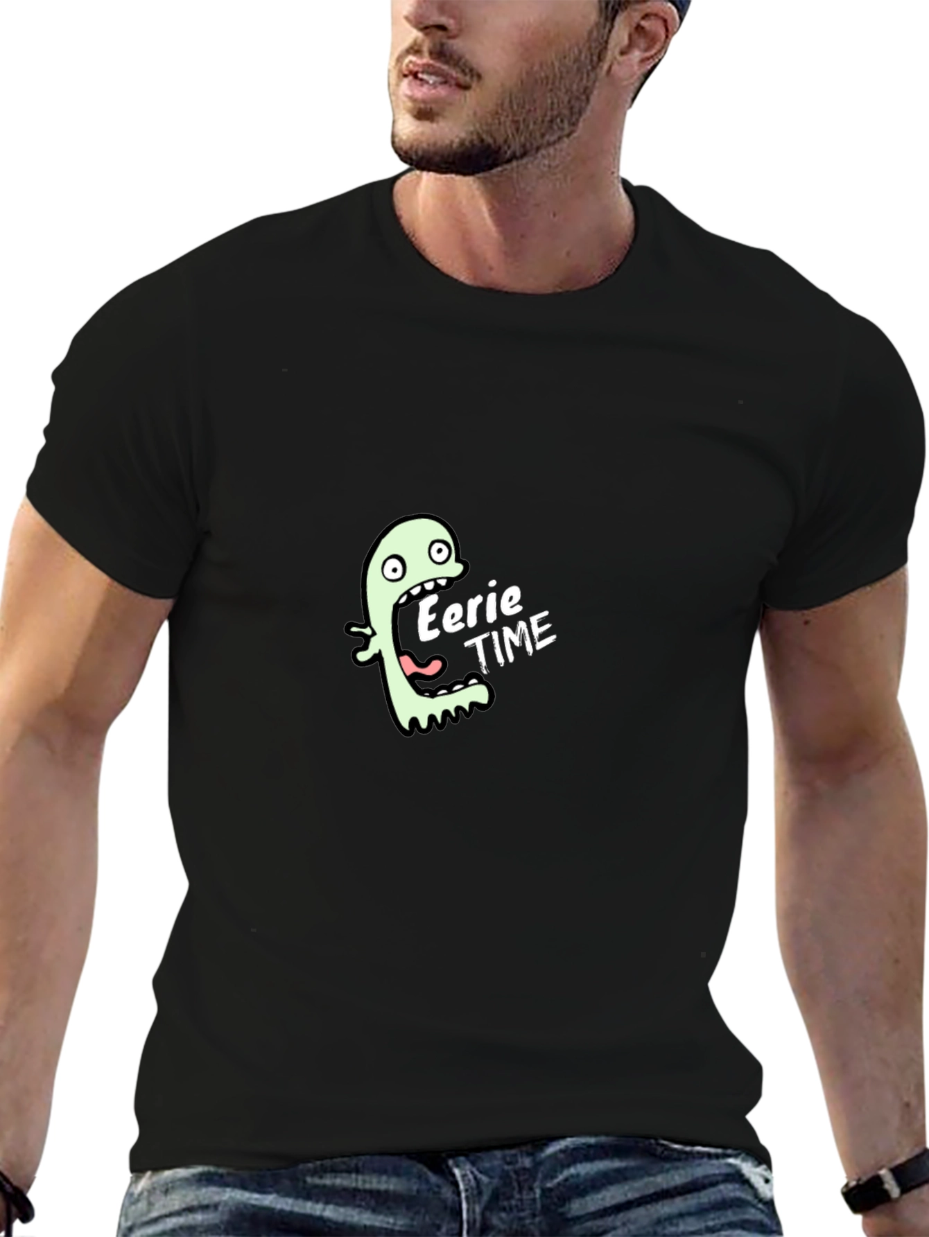 Black Eerie Time Graphic Tee - Black Cotton T-Shirt view 6