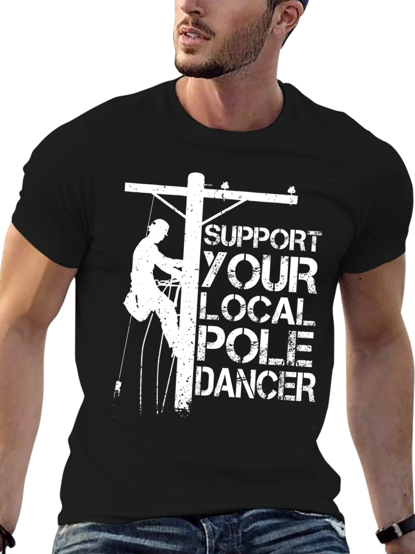 Black Support Your Local Pole Dancer Funny Lineman T-Shirt view 6