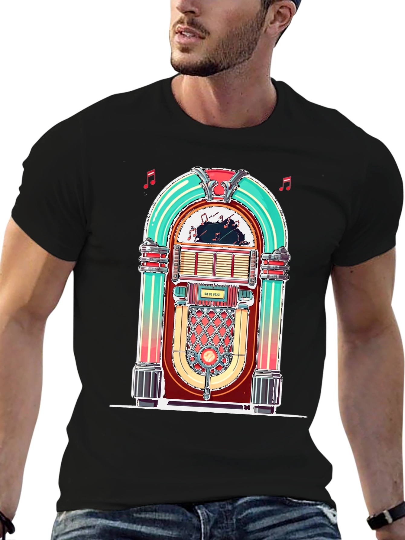 Black Retro Jukebox Graphic Tee - Vintage Music Lover Shirt view 6