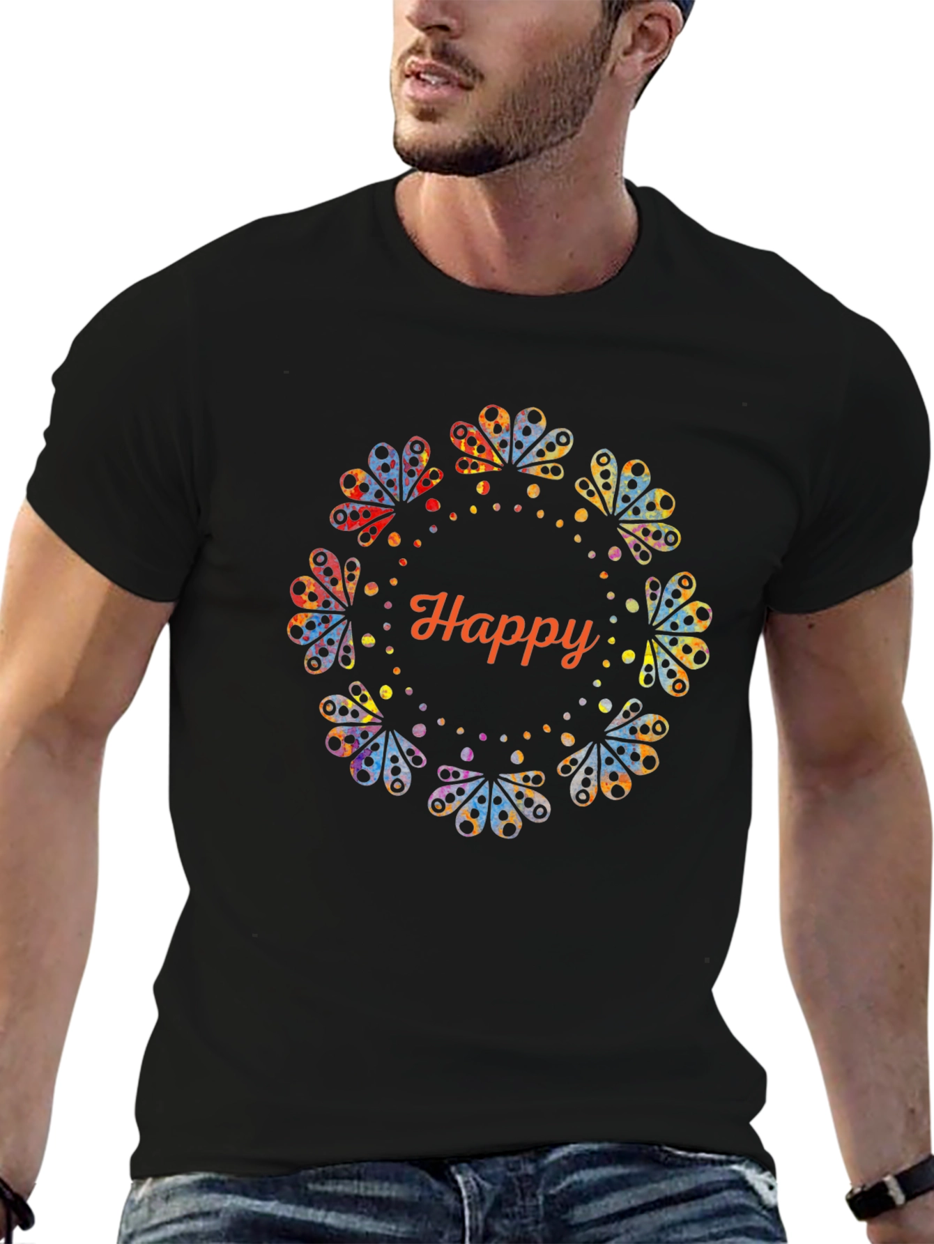 Black Happy Floral Graphic Black T-Shirt view 6
