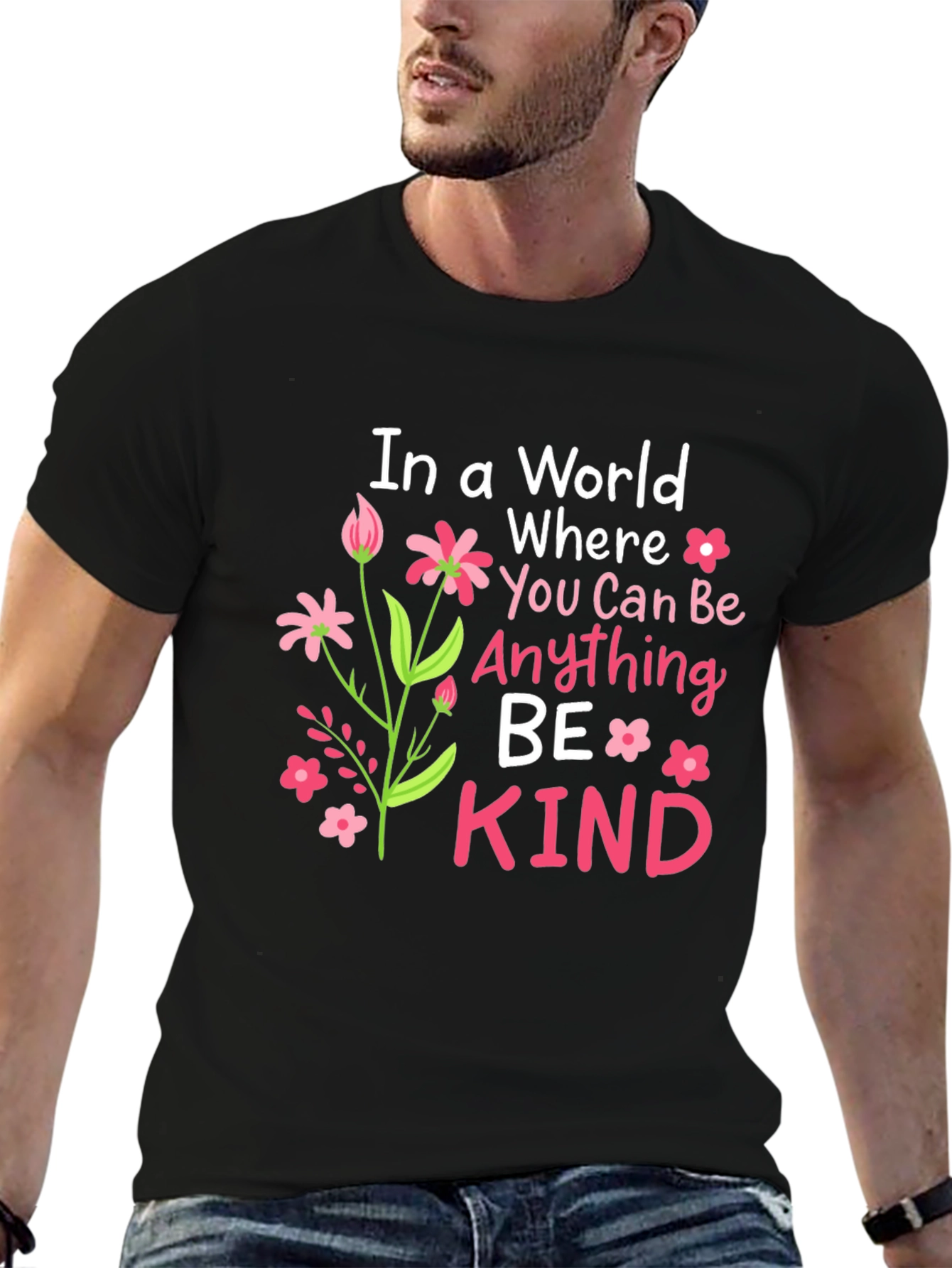 Black Be Kind T-Shirt - Floral Design, Inspirational Message view 6