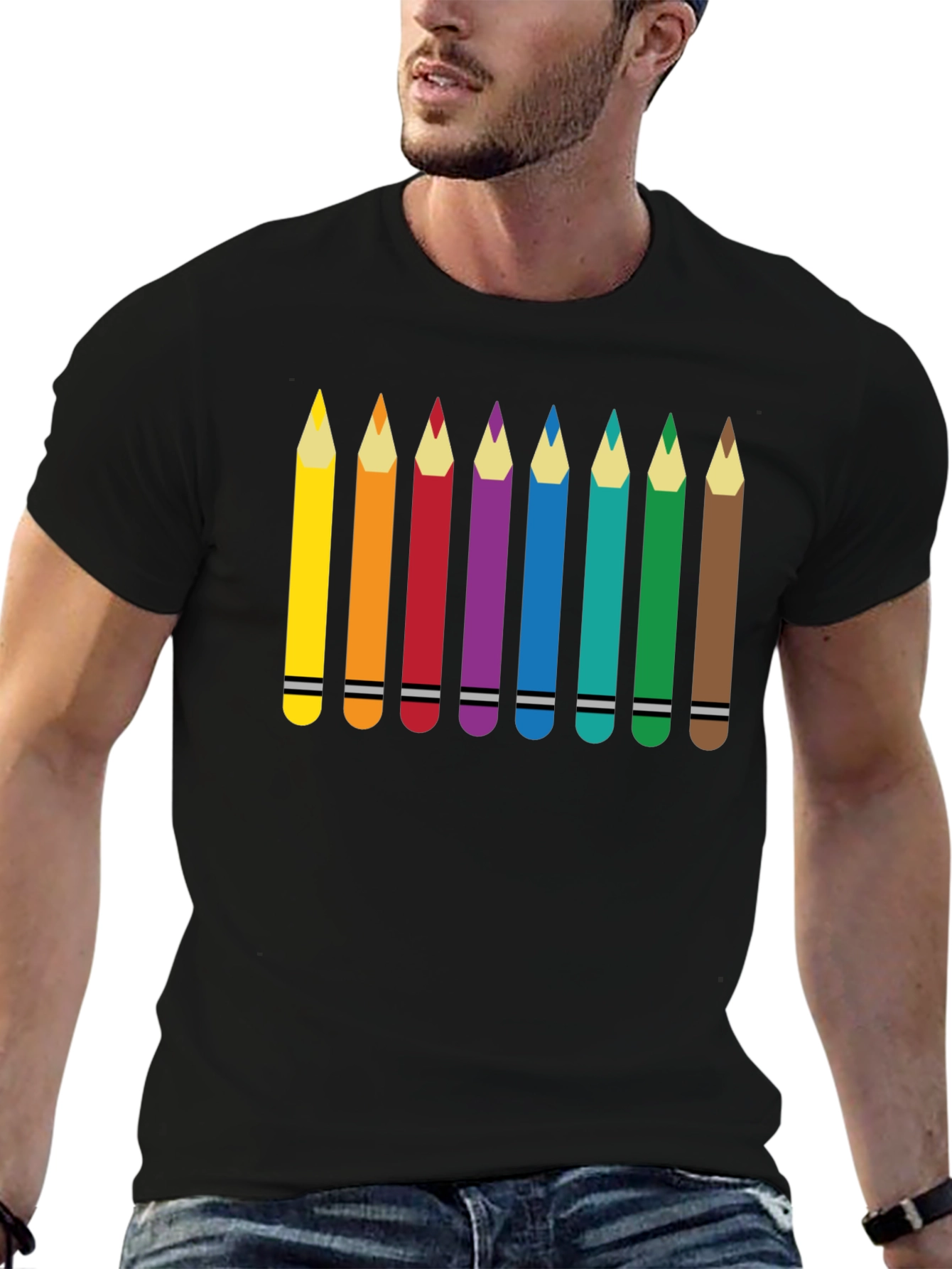 Black Colorful Pencils Graphic Print T-Shirt view 6