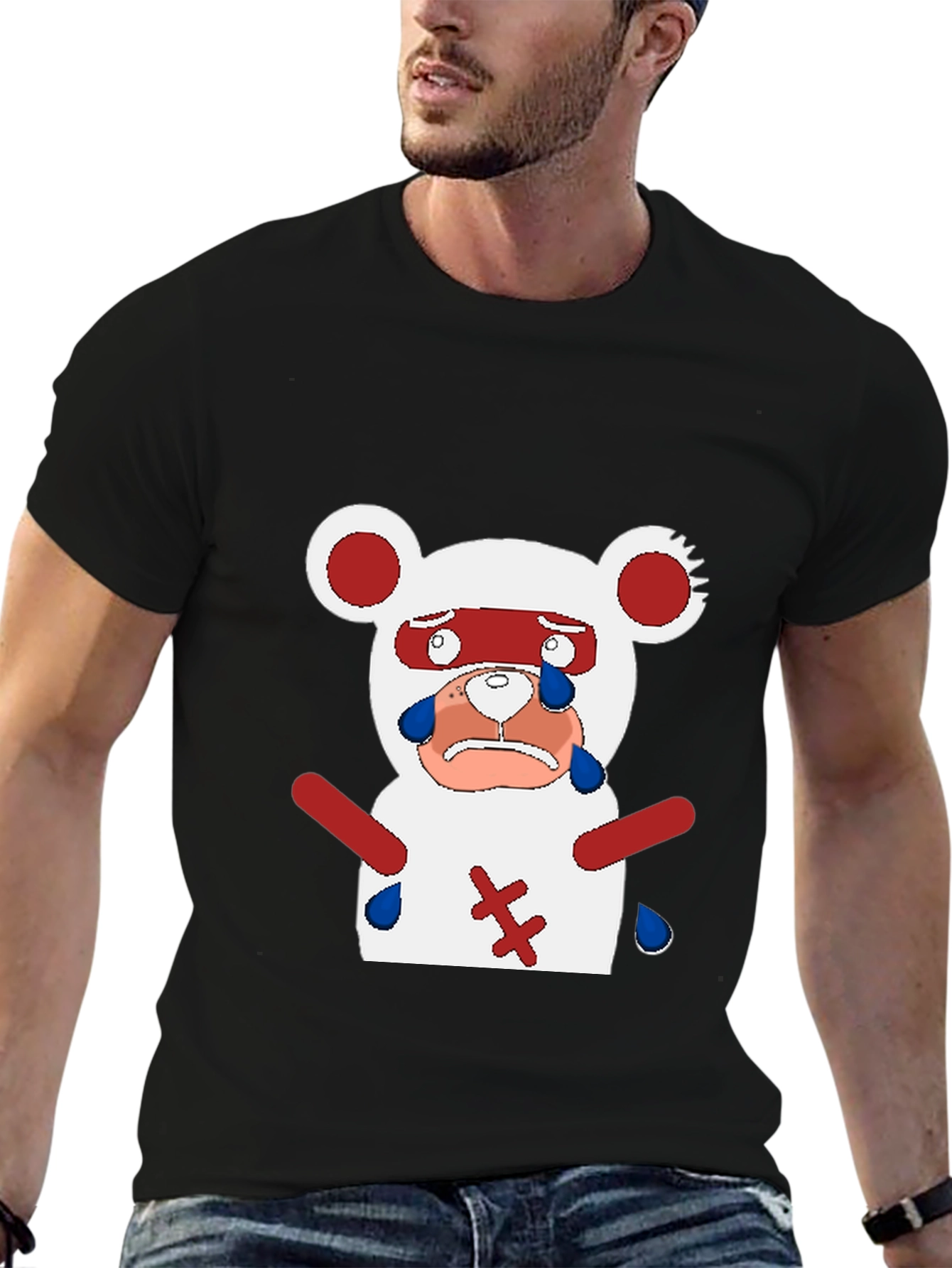 Black Sad Anime Bear T-Shirt - Black Cotton Blend Casual Tee view 6
