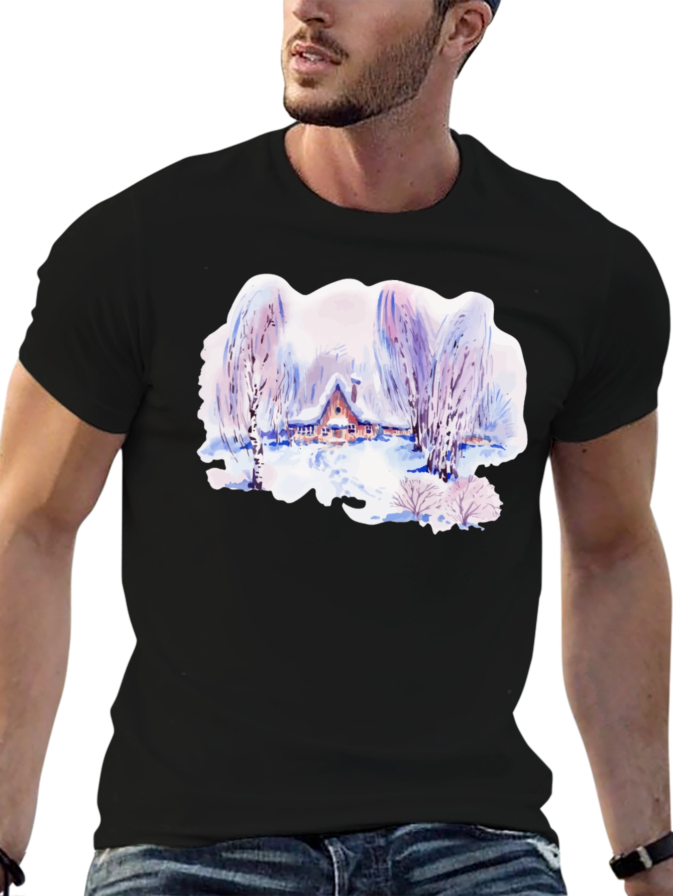 Black Winter Cabin Watercolor Graphic T-Shirt view 6
