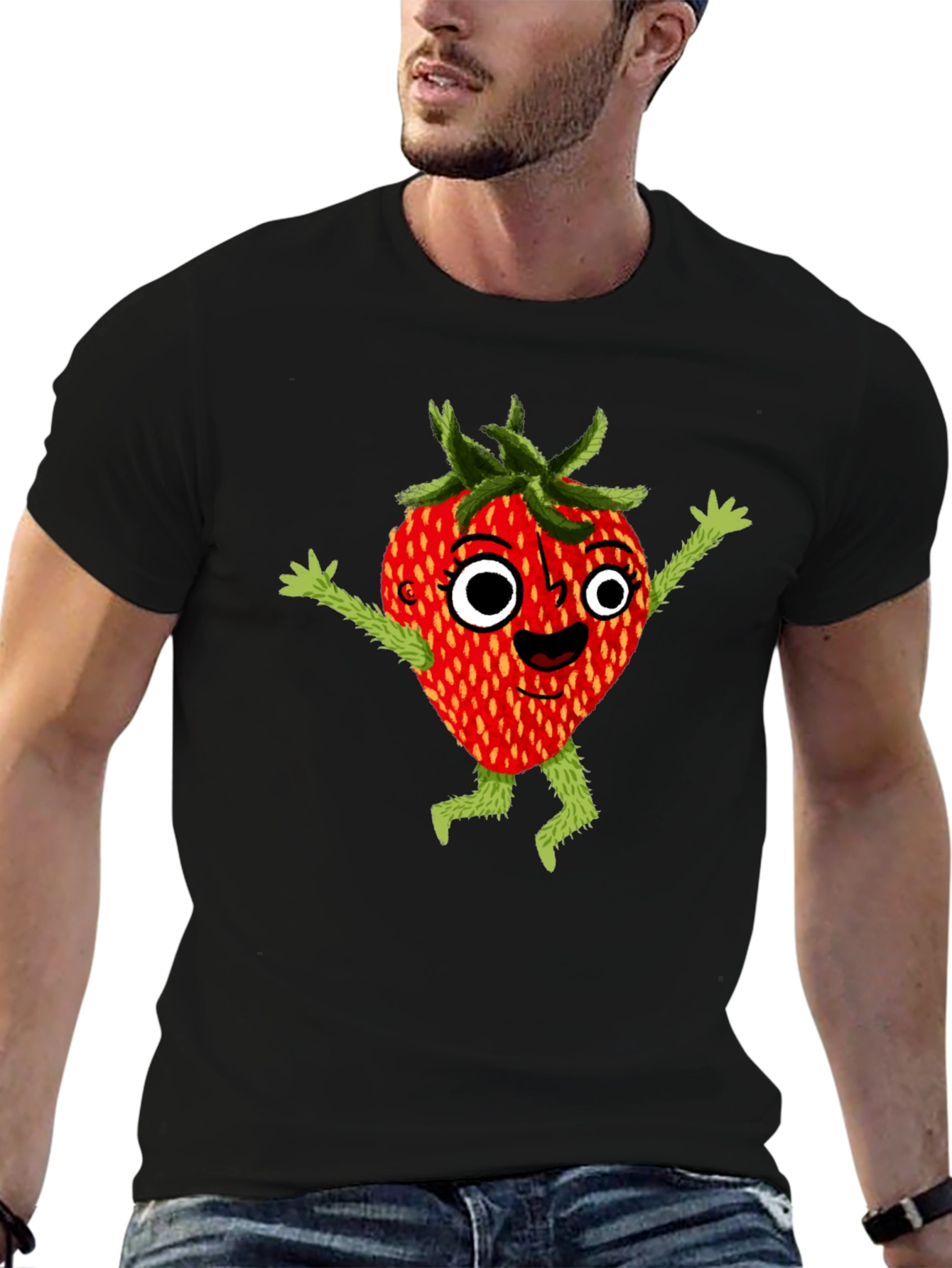 Black Whimsical Strawberry Cartoon Graphic T-Shirt view 6