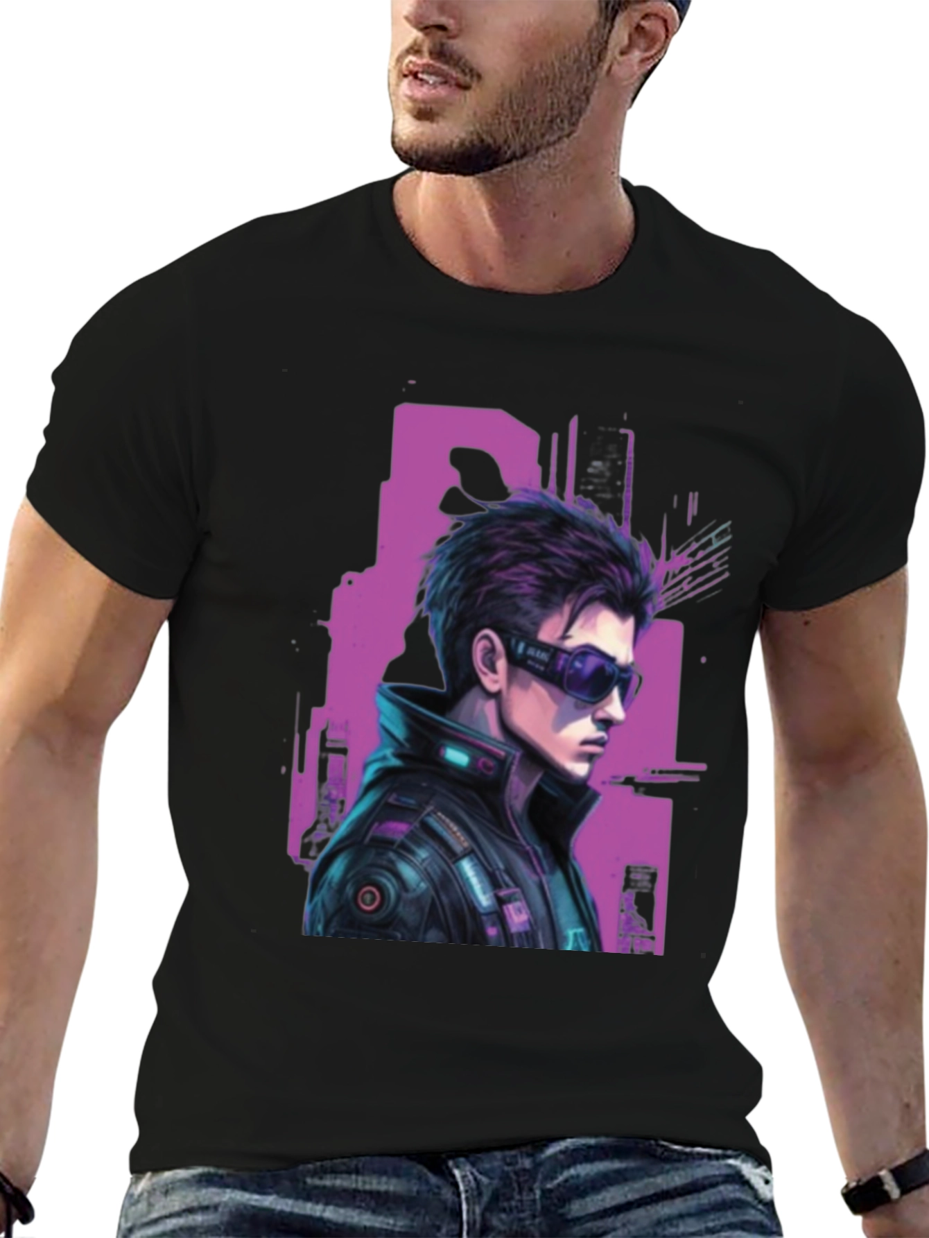 Black Cyberpunk Character Graphic T-Shirt view 6
