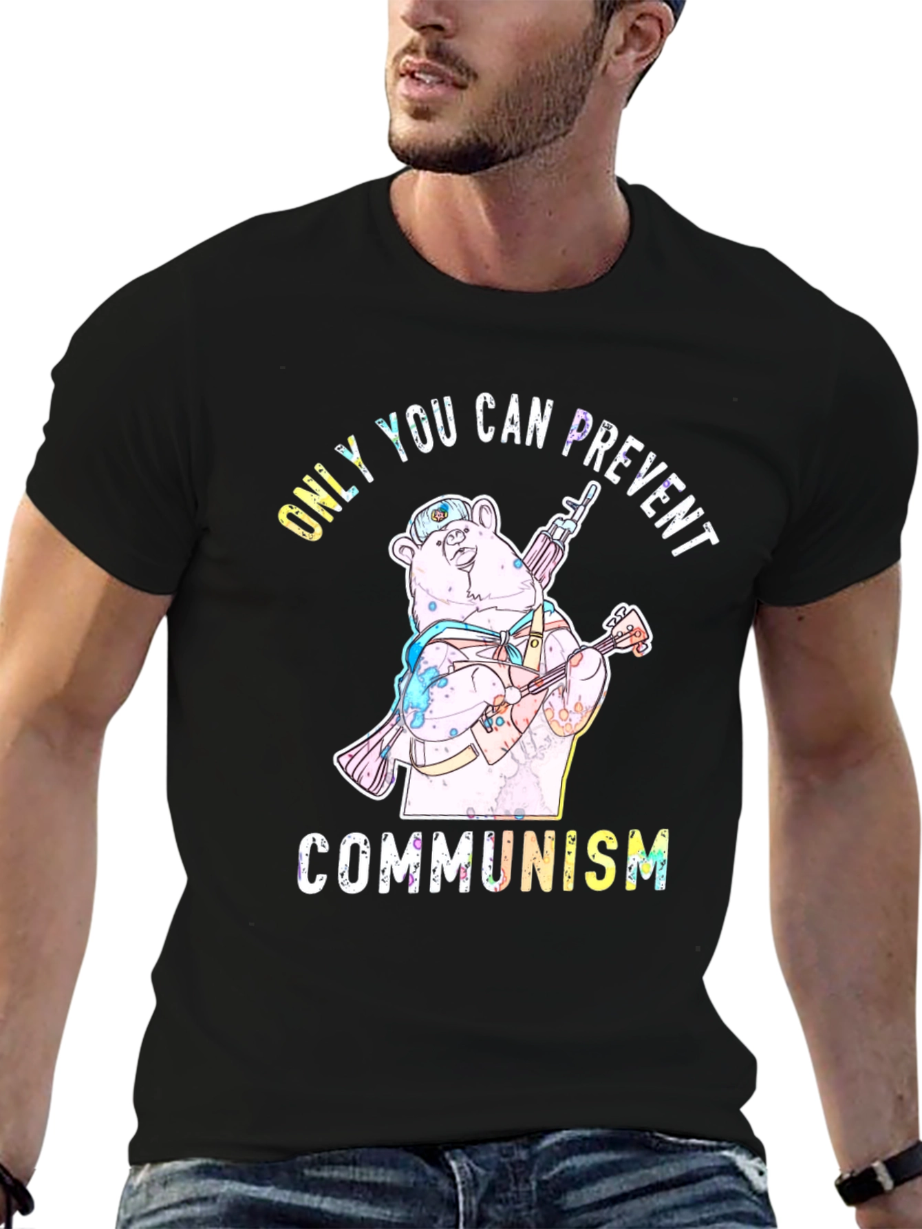 Black Prevent Communism Bear Graphic Tee view 6
