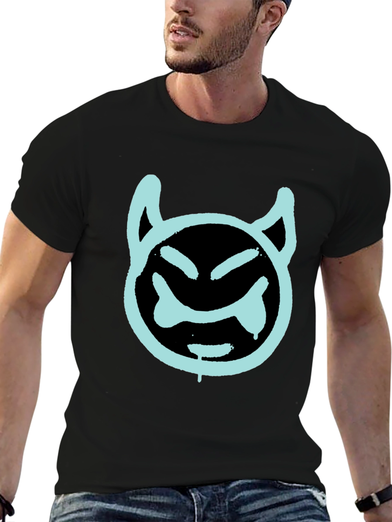 Black Cool Devil Face Graphic Black T-Shirt view 6