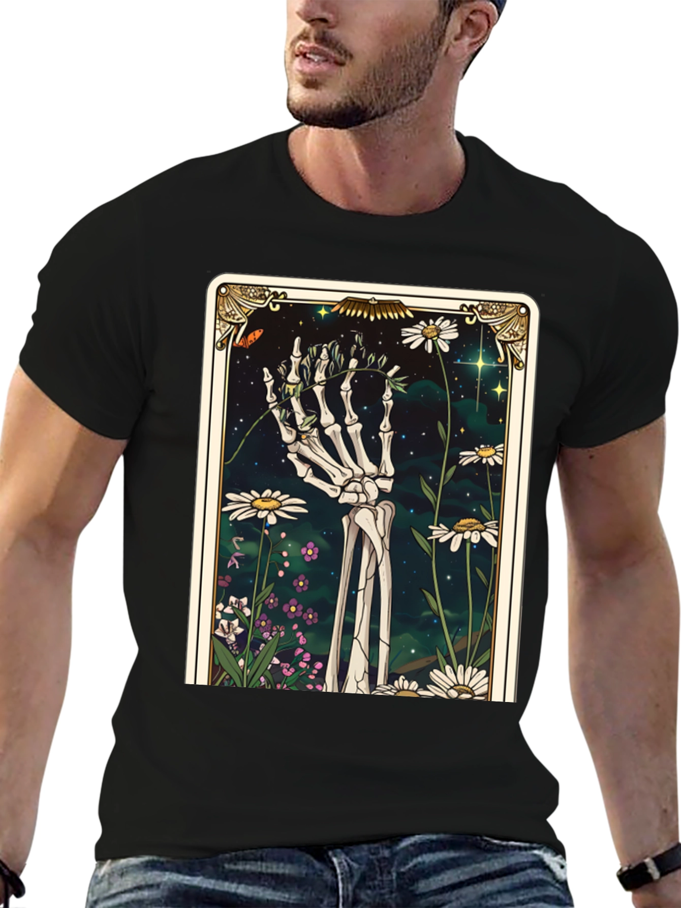 Black Floral Skeleton Tarot Graphic Tee view 6