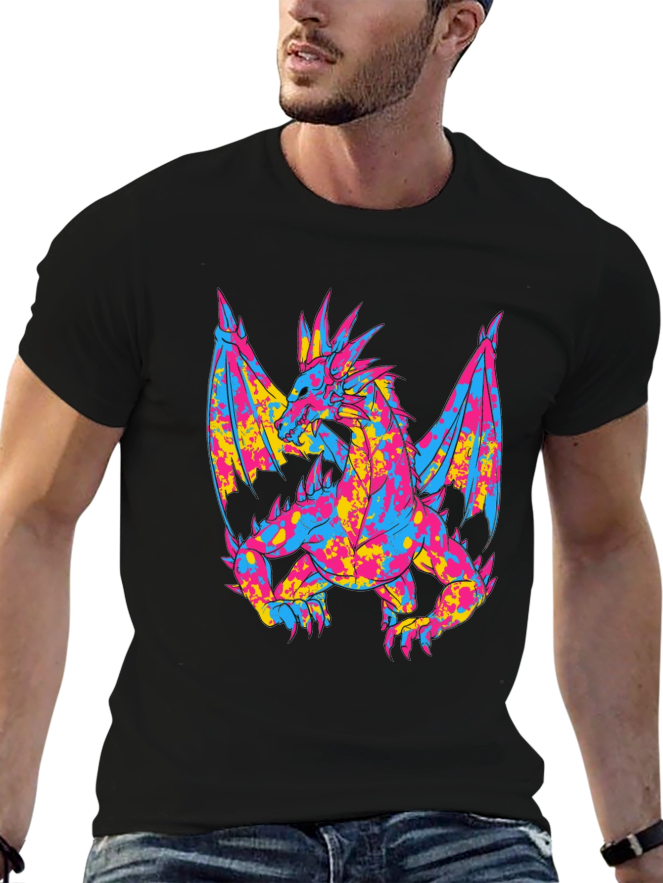 Black Vibrant Dragon Graphic Black T-Shirt view 6