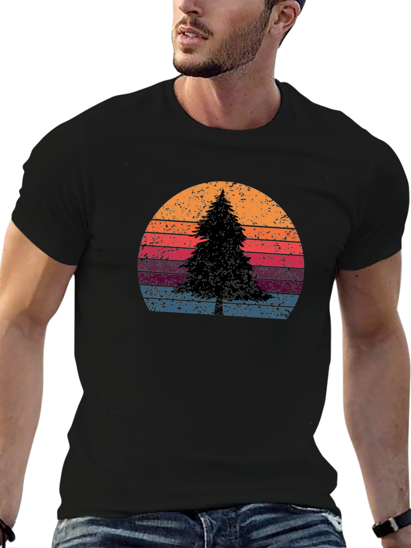 Black Retro Sunset Pine Tree Graphic Tee view 6