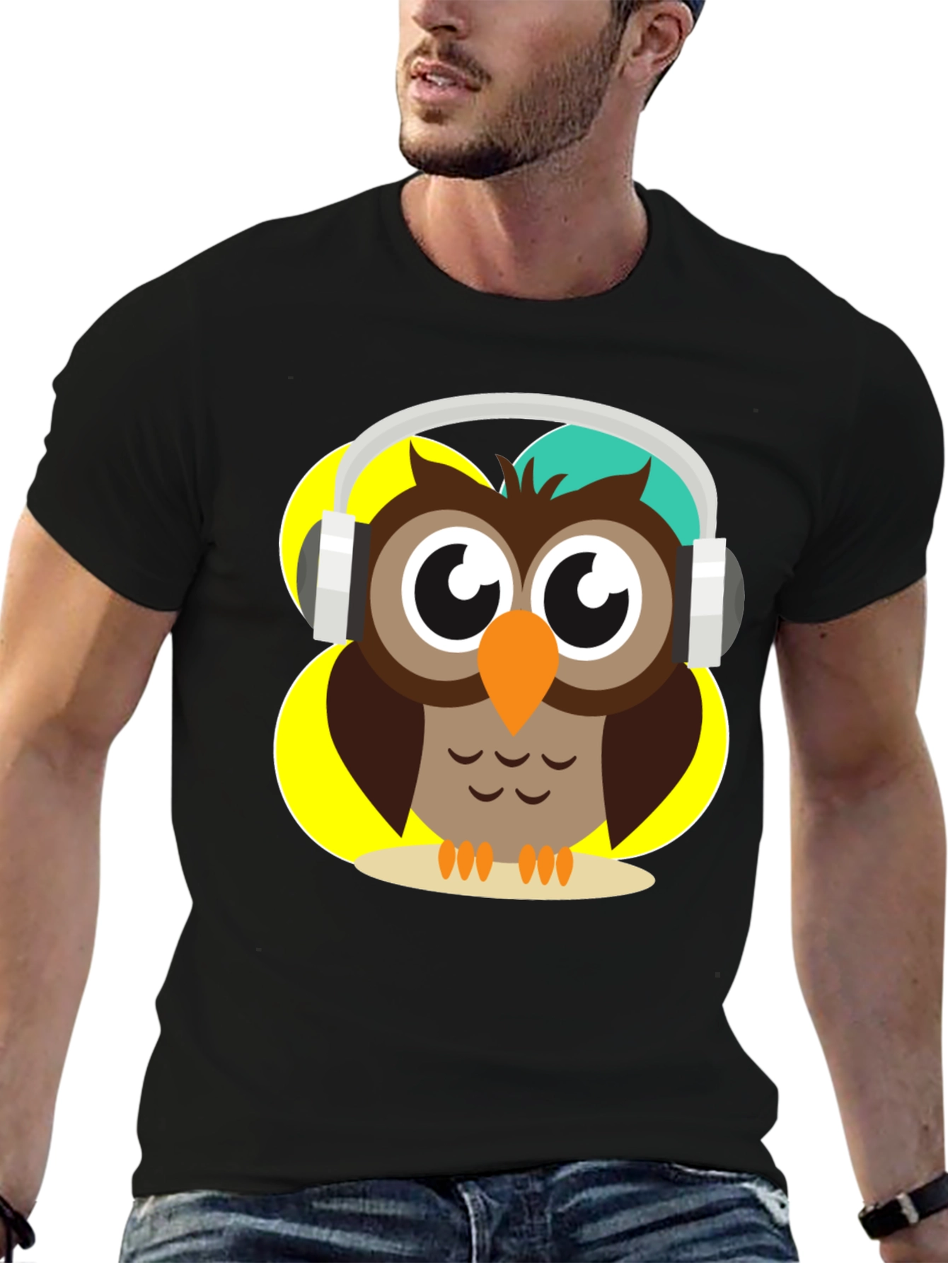 Black Owl Wearing Headphones Graphic T-Shirt view 6