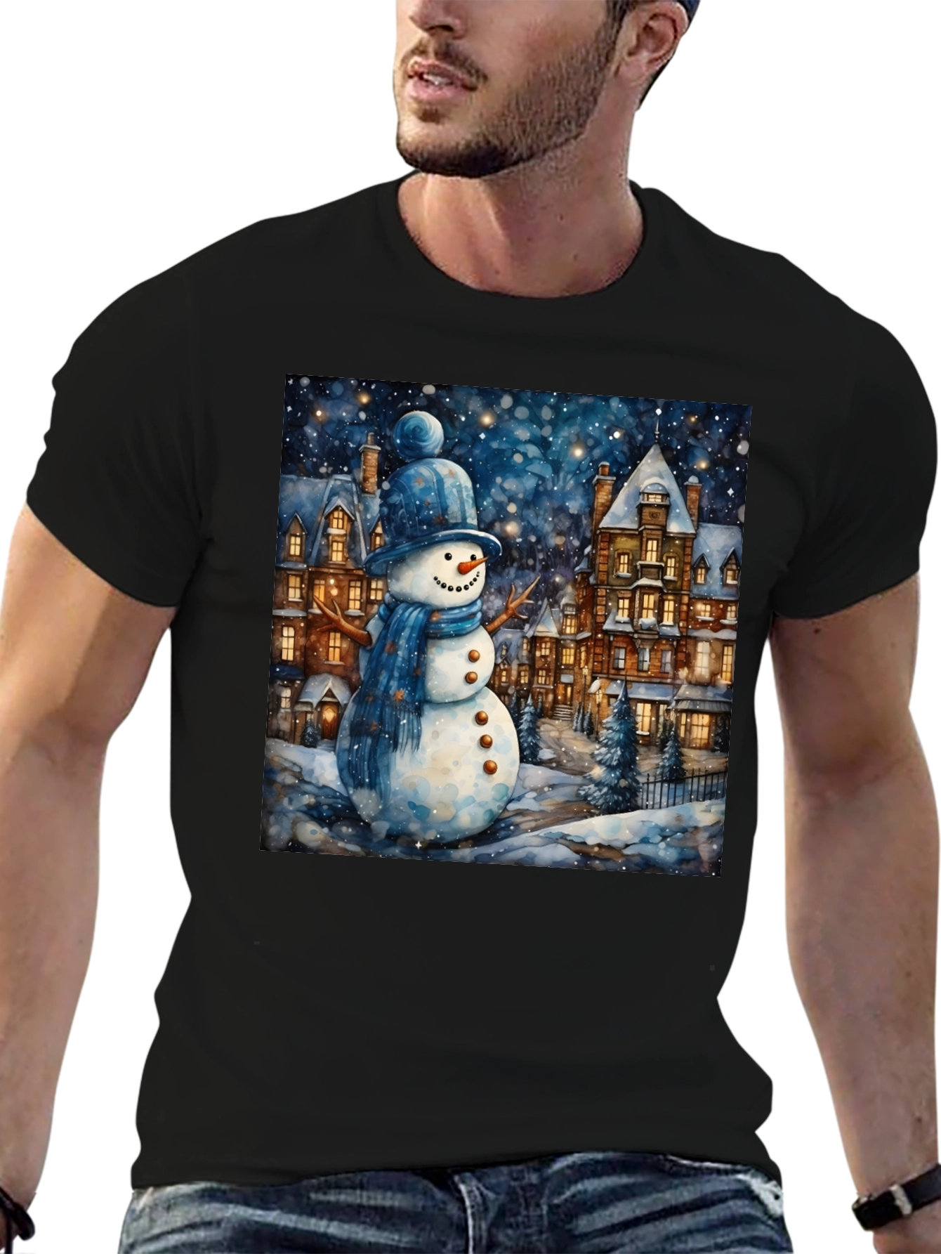 Black Winter Wonderland Snowman T-Shirt view 6