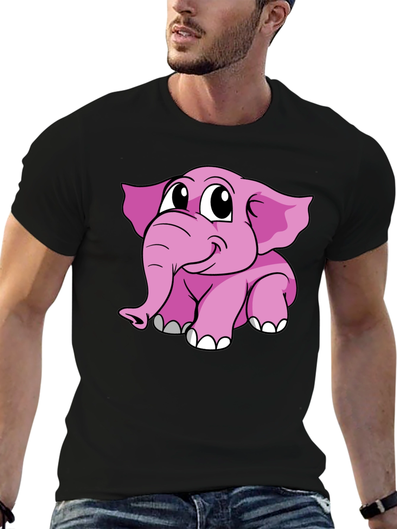 Black Cute Pink Elephant Graphic Tee - Black Cotton Shirt view 6