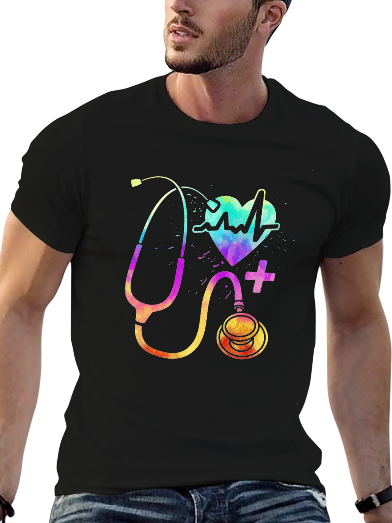 Black Colorful Stethoscope Graphic T-Shirt - Medical Design view 6