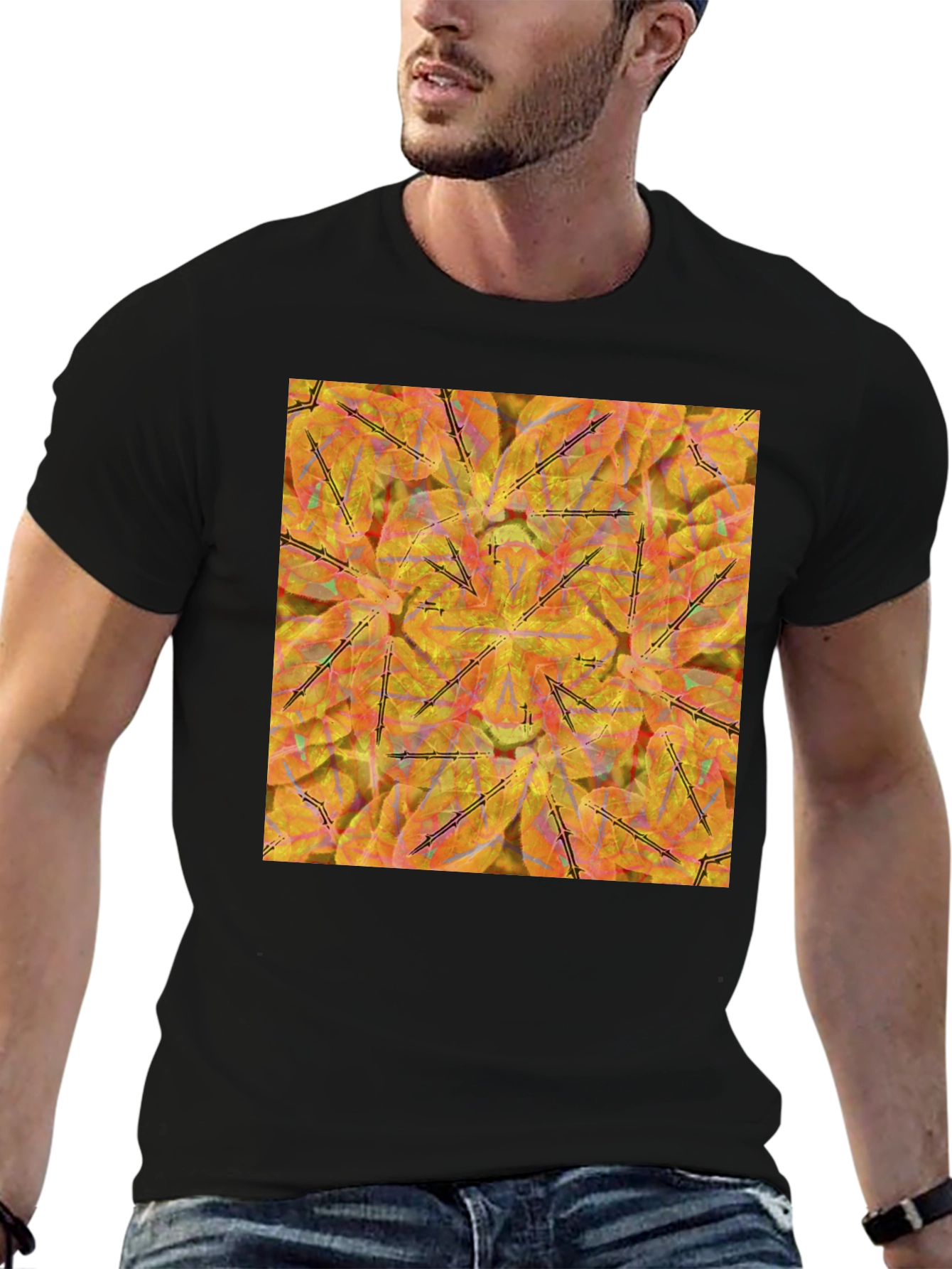 Black Kaleidoscope Leaves T-Shirt - Stylish & Unique Design view 6