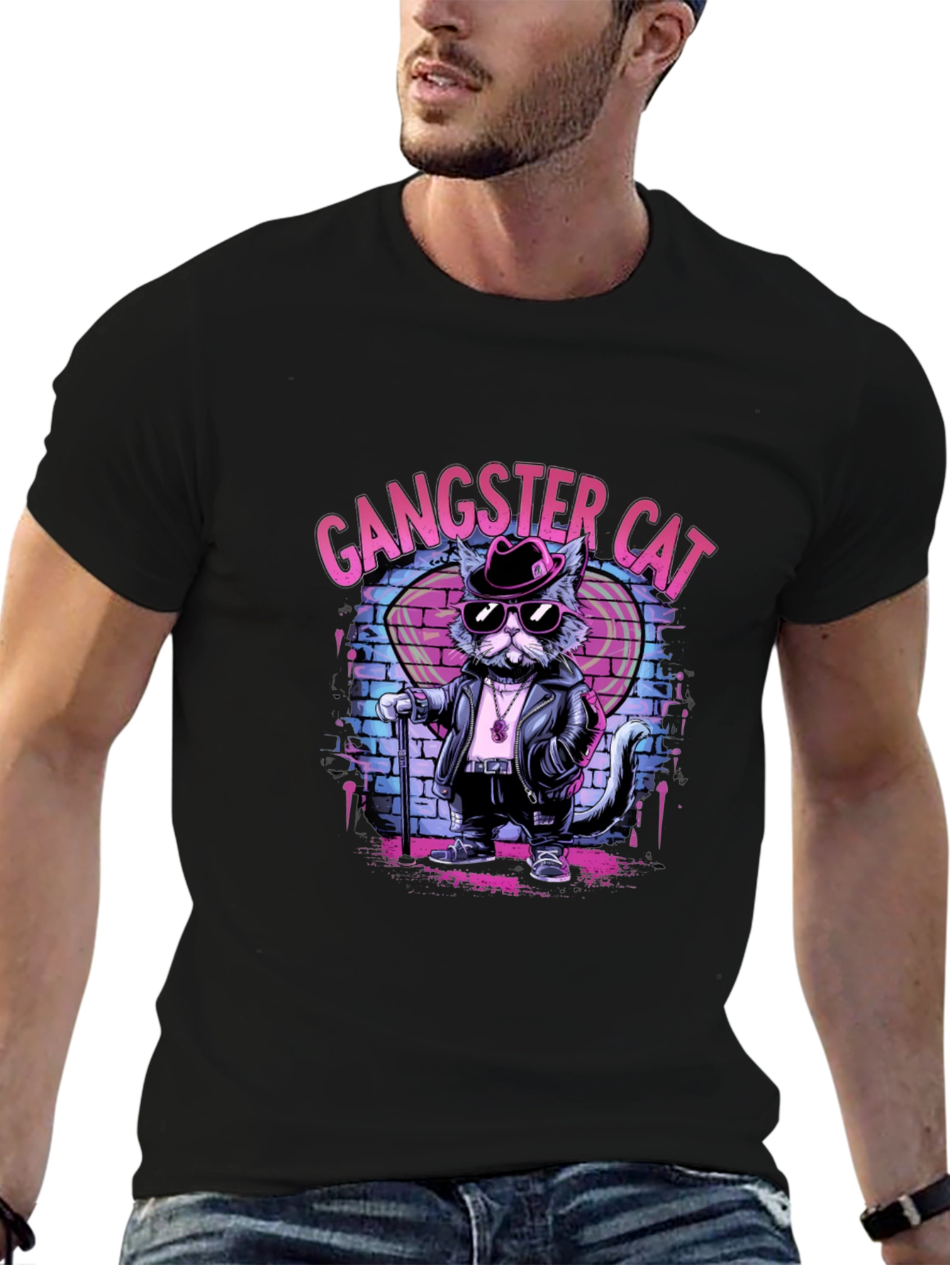 Black Gangster Cat Graphic T-Shirt - Cool Cat Tee view 6