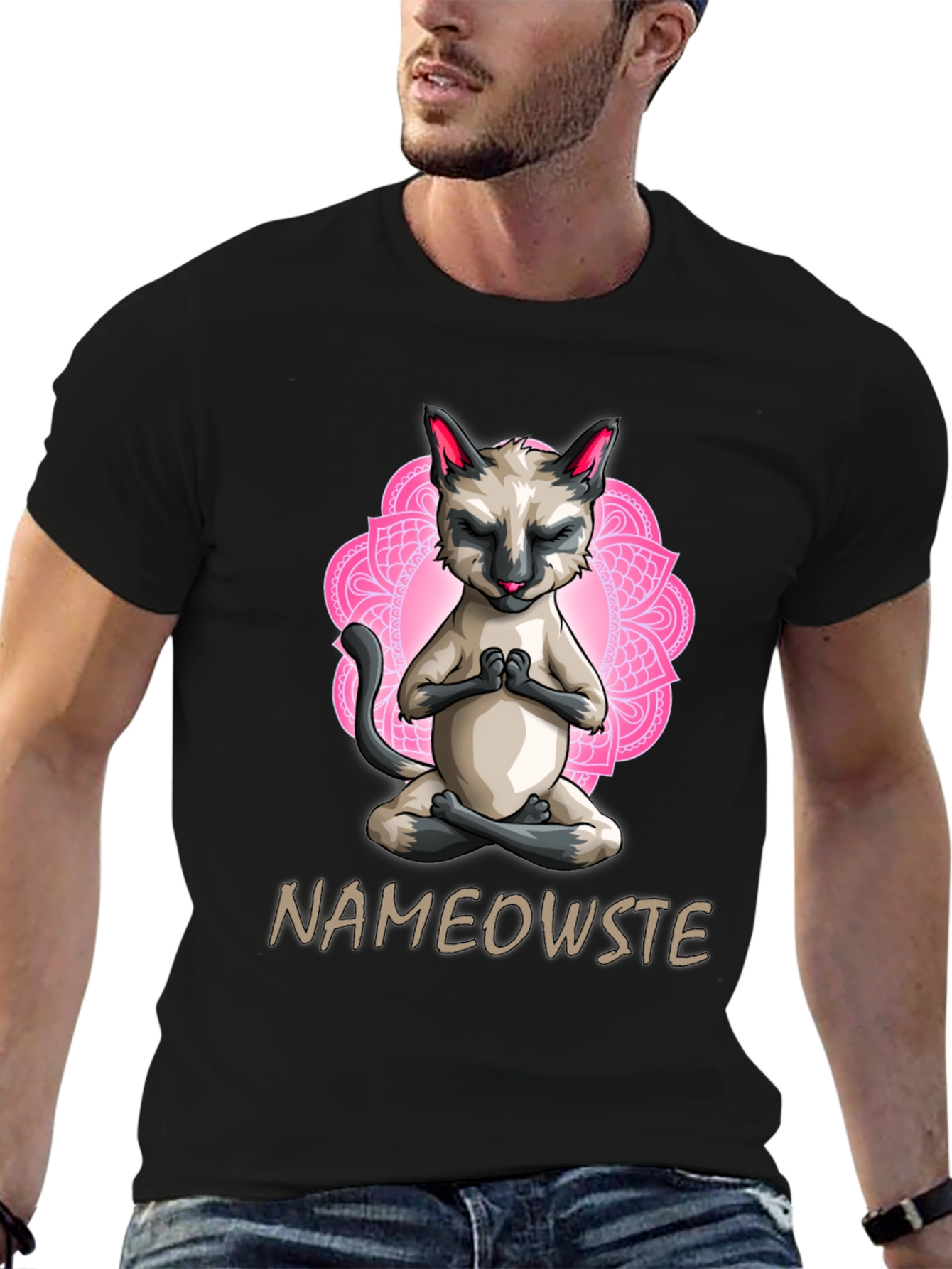 Black Nameowste Cat Yoga T-Shirt - Meditating Feline Design view 6