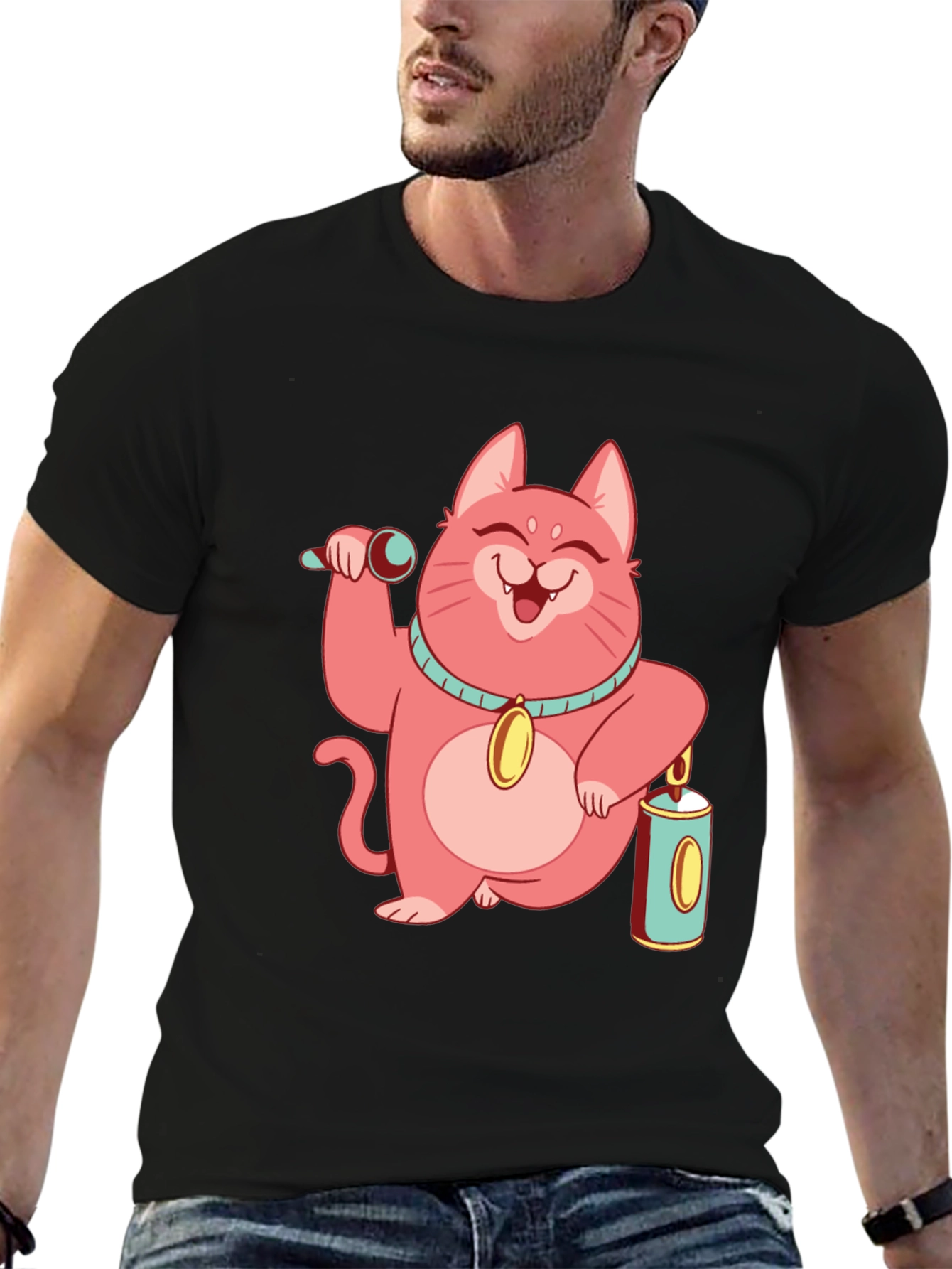 Black Pink Lucky Cat T-Shirt view 6