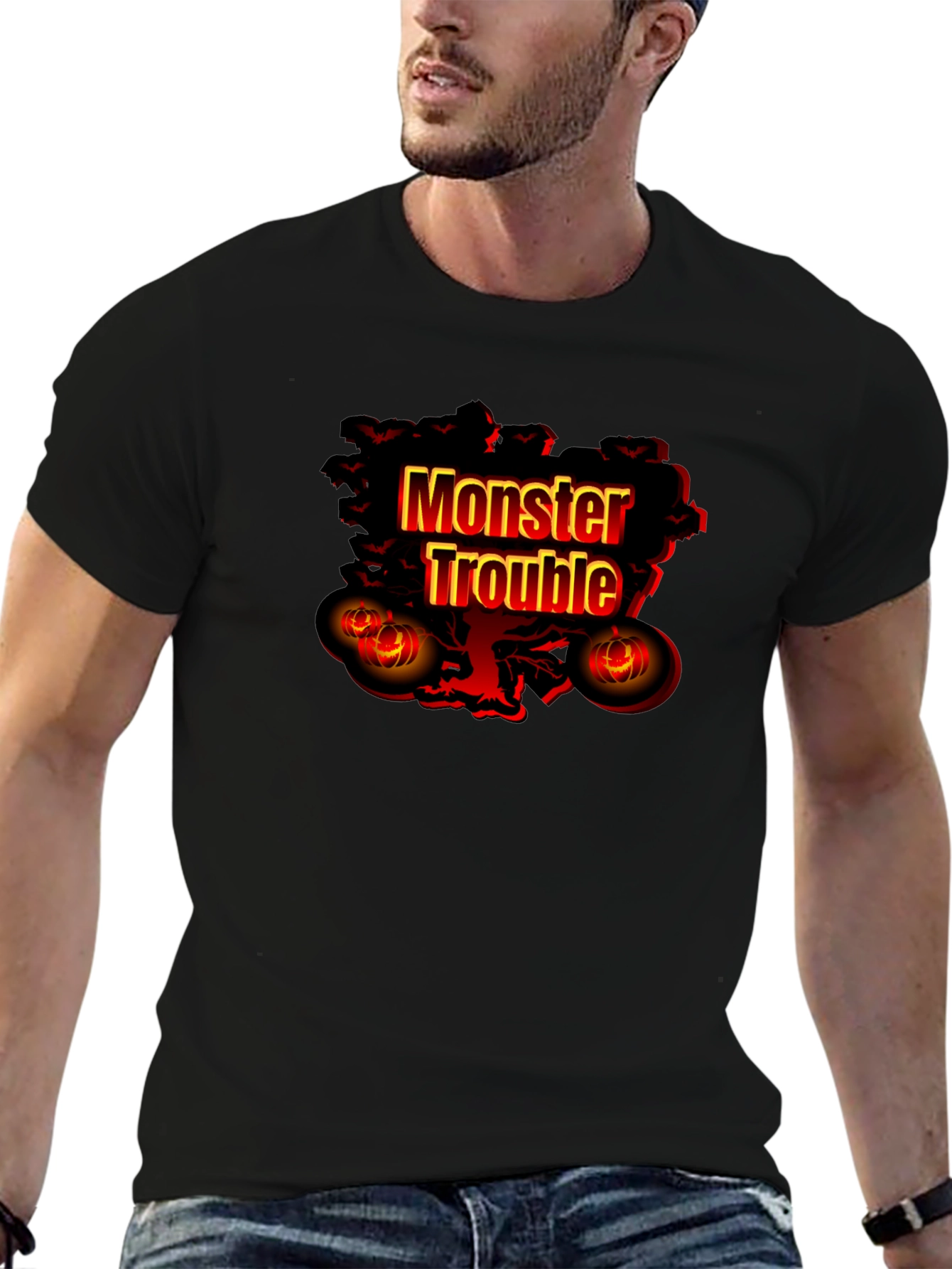 Black Monster Trouble Graphic Tee - Halloween Shirt view 6