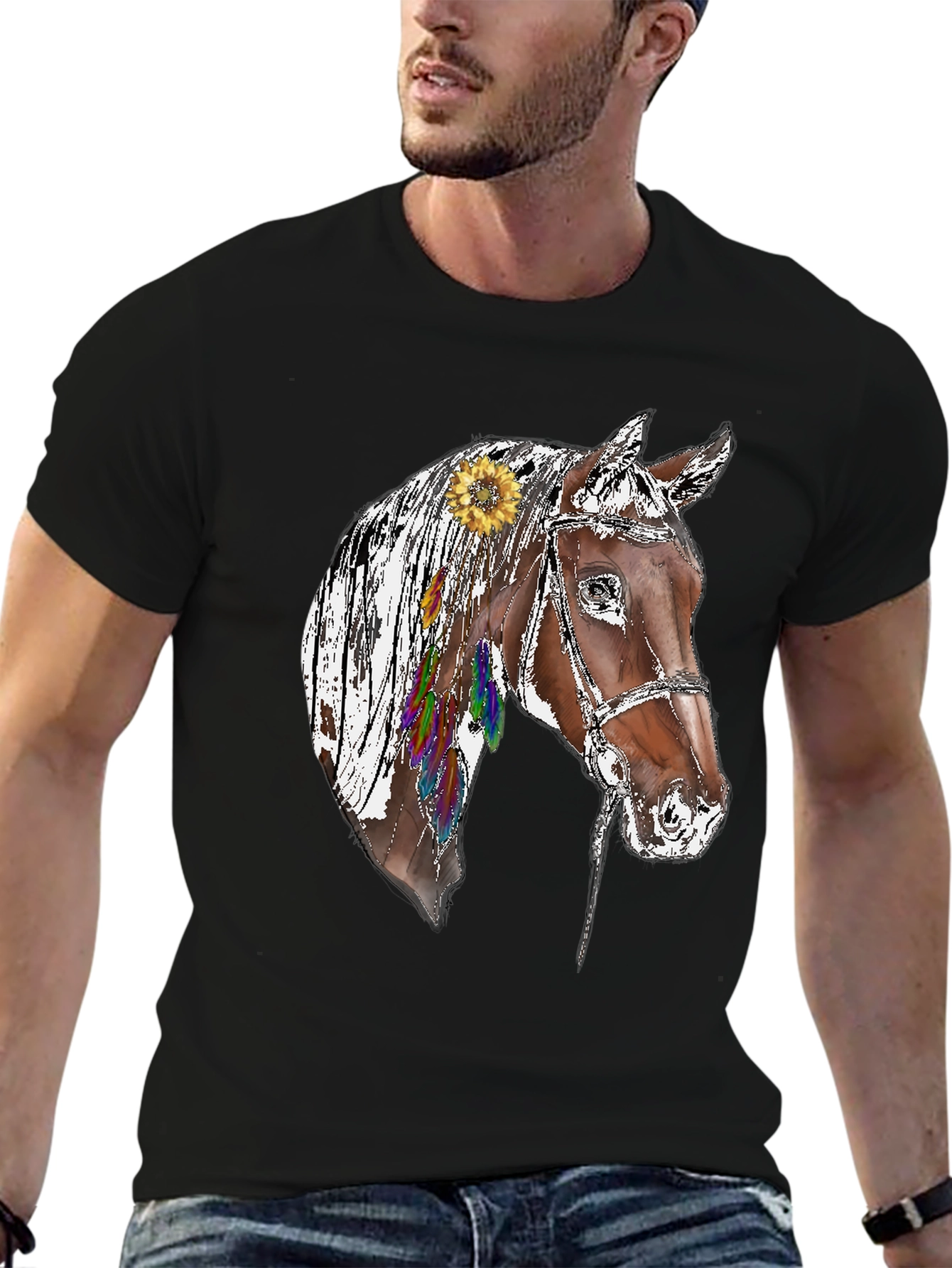 Black Horse Graphic Tee - Sunflower & Feathers Black T-Shirt view 6