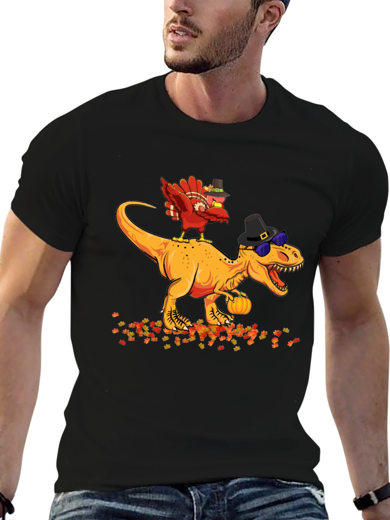 Black Thanksgiving Turkey Riding Dinosaur T-Shirt view 6
