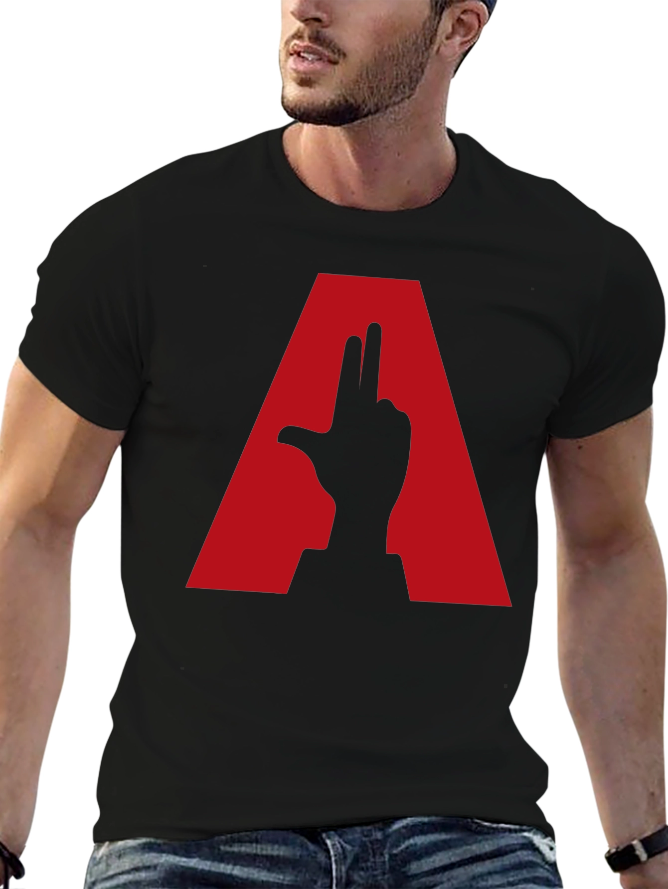 Black Novelty Graphic Tee - Letter A & Hand Design view 6