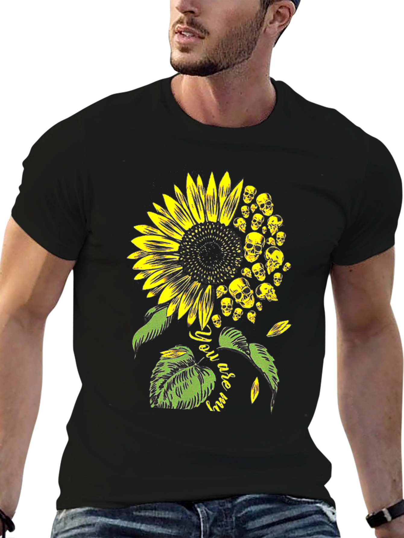 Black Skull Sunflower Graphic Tee - Black Cotton T-Shirt view 6