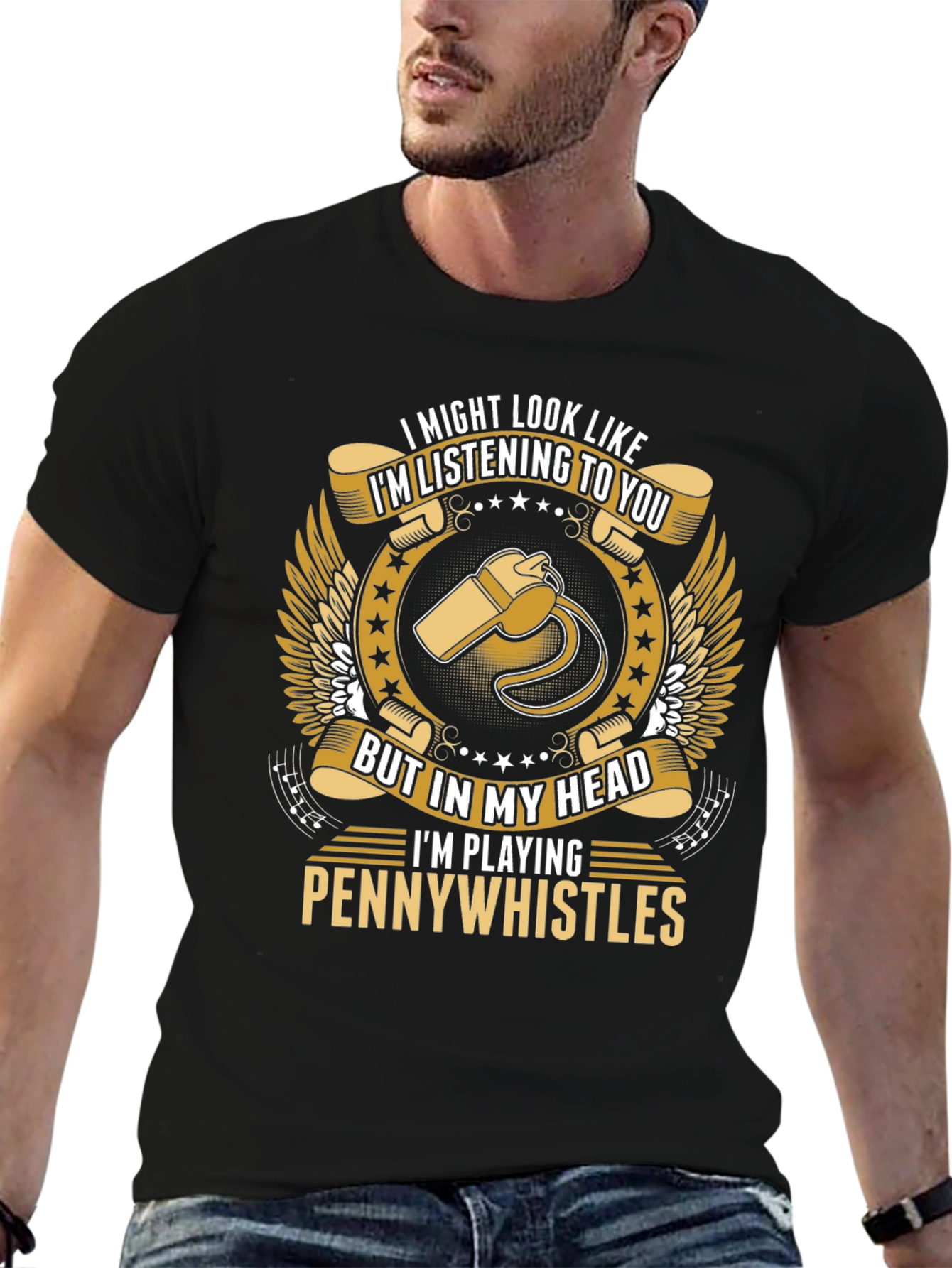 Black Pennywhistles Player T-Shirt: I Might Look Like I'm Listening view 6