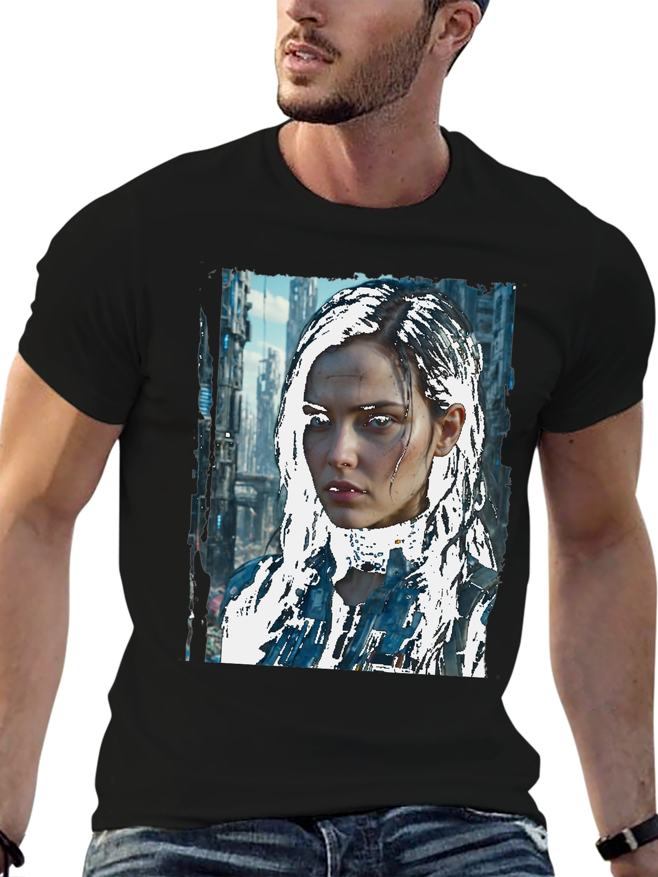 Black Cyberpunk Girl Graphic Tee - Sci-Fi Style view 6