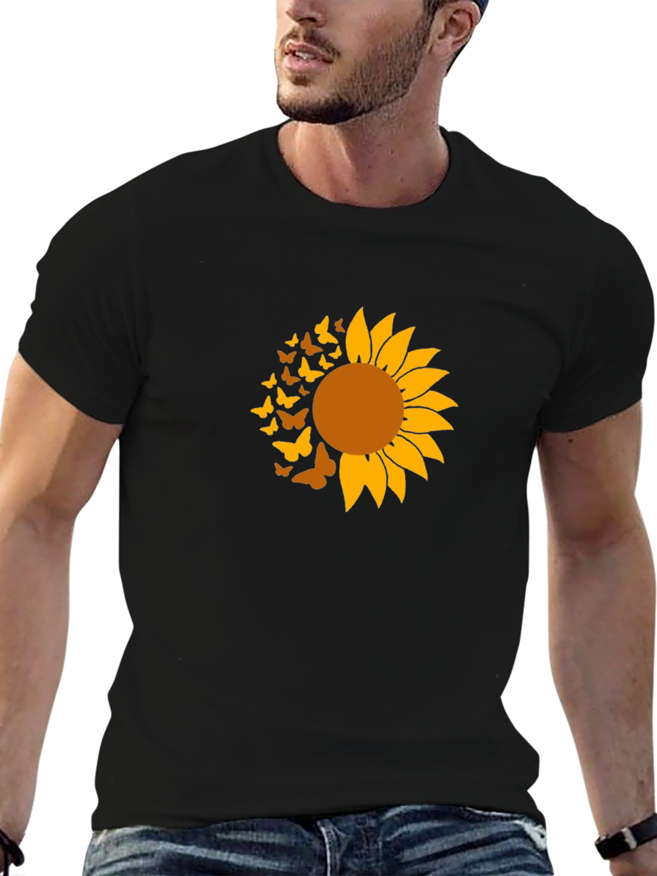 Black Sunflower Butterfly Graphic Tee - Black Cotton Shirt view 6