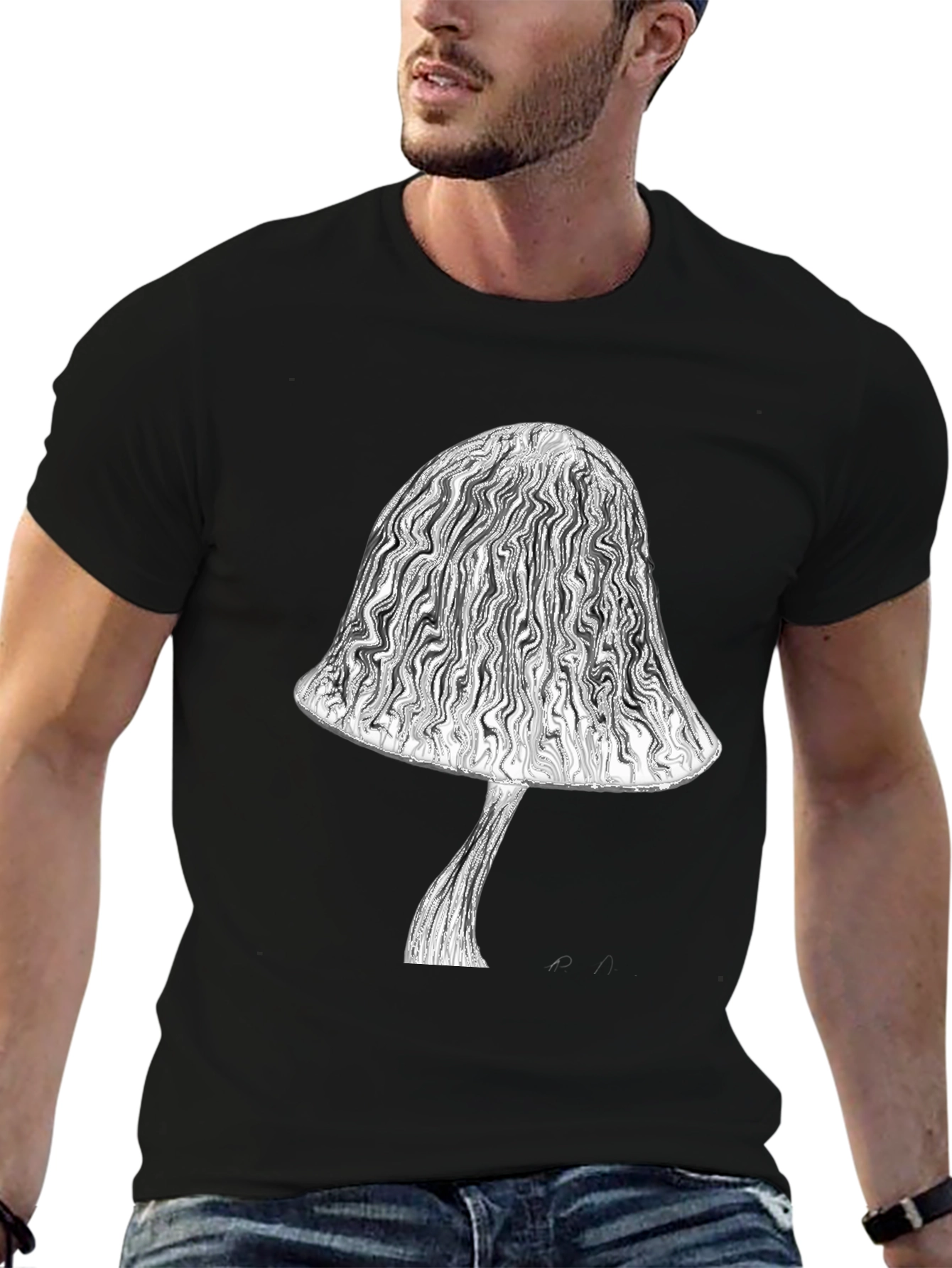 Black Mushroom Graphic Tee - Stylish Black Cotton T-Shirt view 6