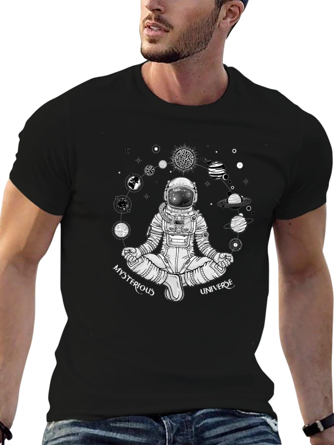Black Mysterious Universe Astronaut T-Shirt - Black view 6
