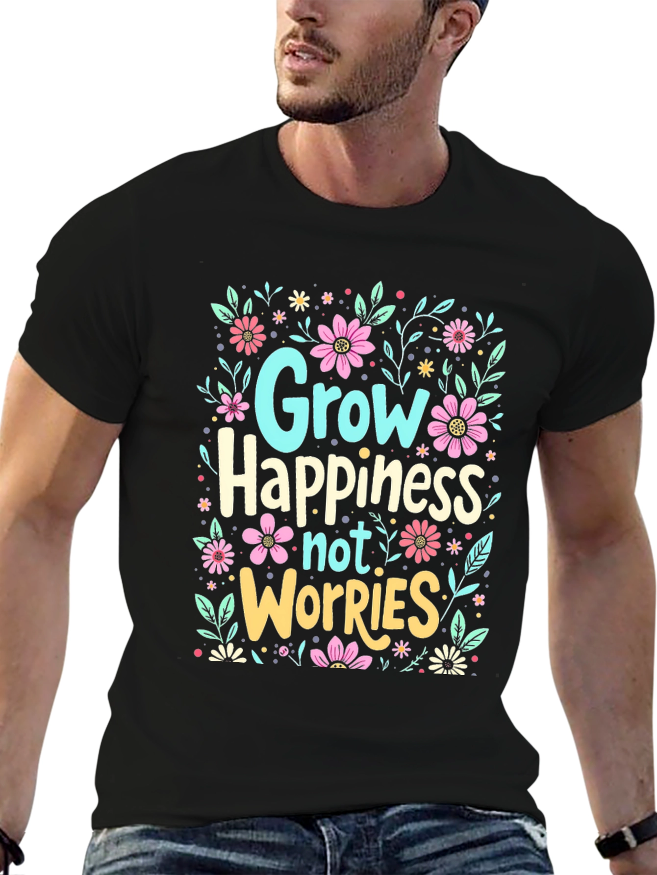 Black Grow Happiness Floral Graphic T-Shirt view 6