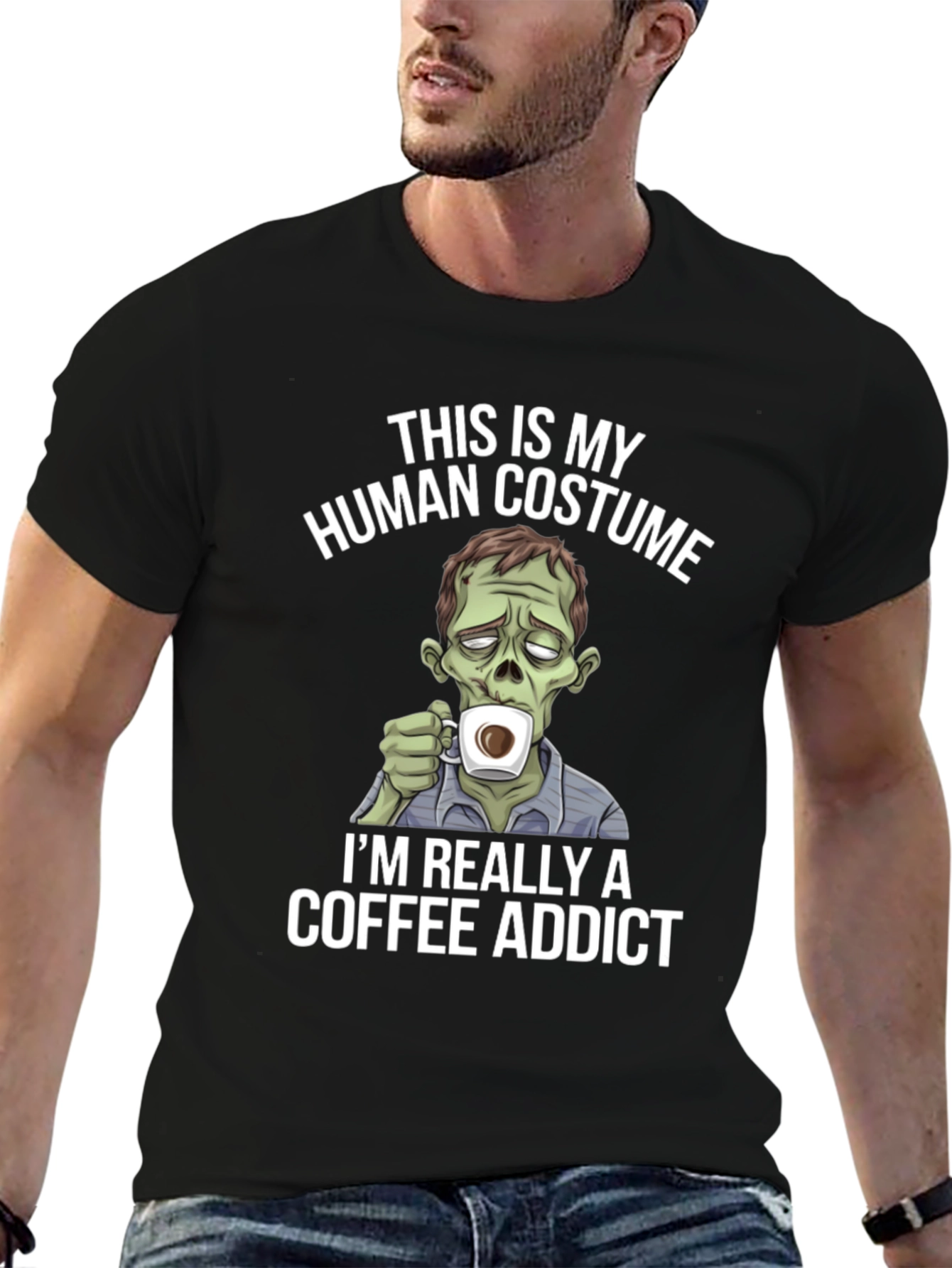 Black Zombie Coffee Addict Graphic Tee - Halloween Costume T-Shirt view 6