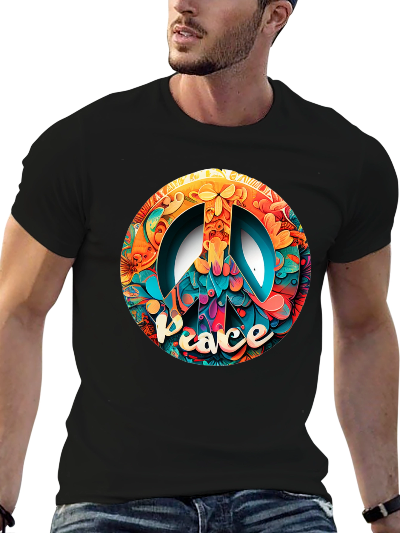 Black Peace Sign Graphic Black T-Shirt view 6