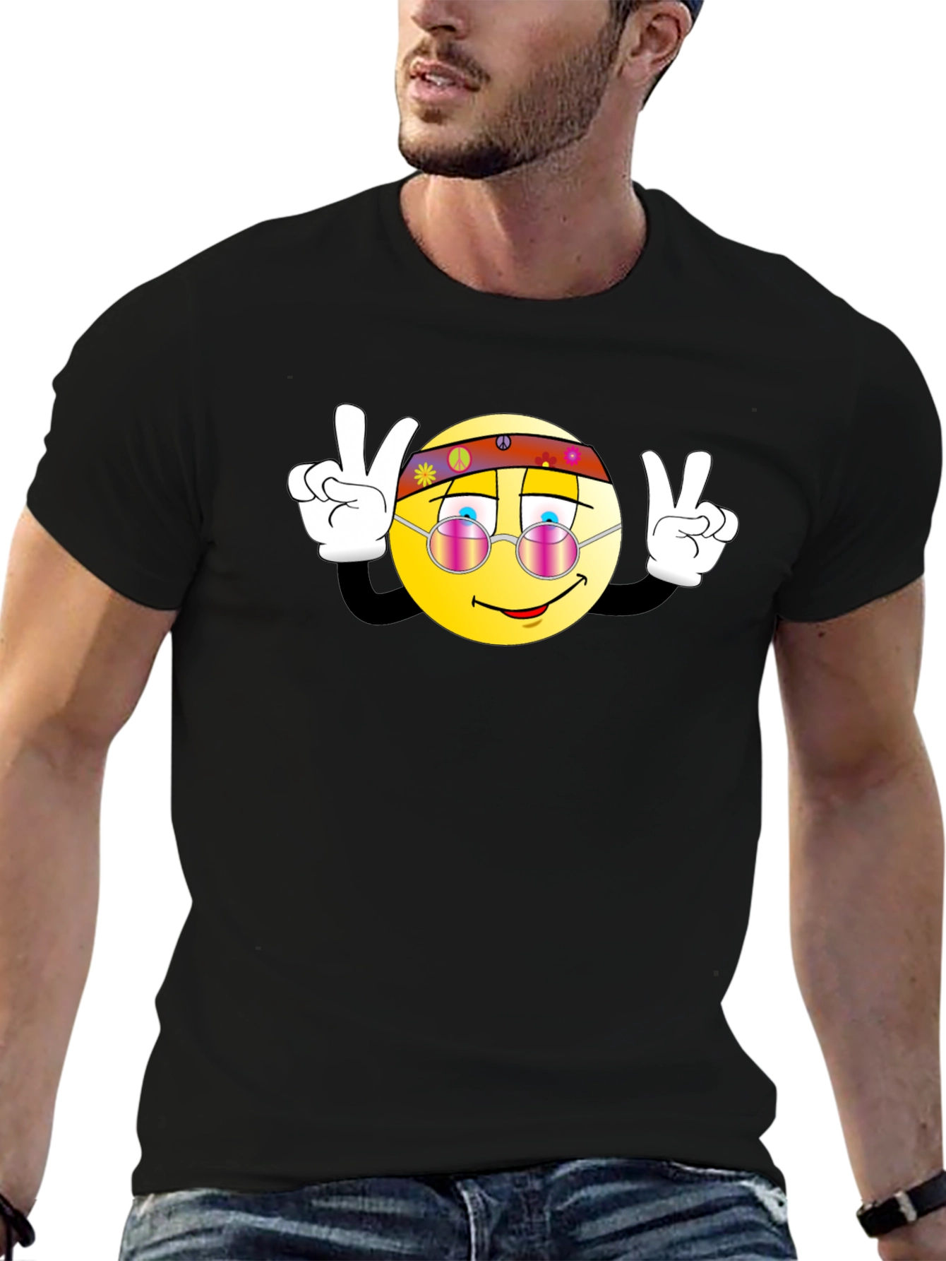 Black Cool Hippie Smiley Face Peace Sign Black T-Shirt view 6