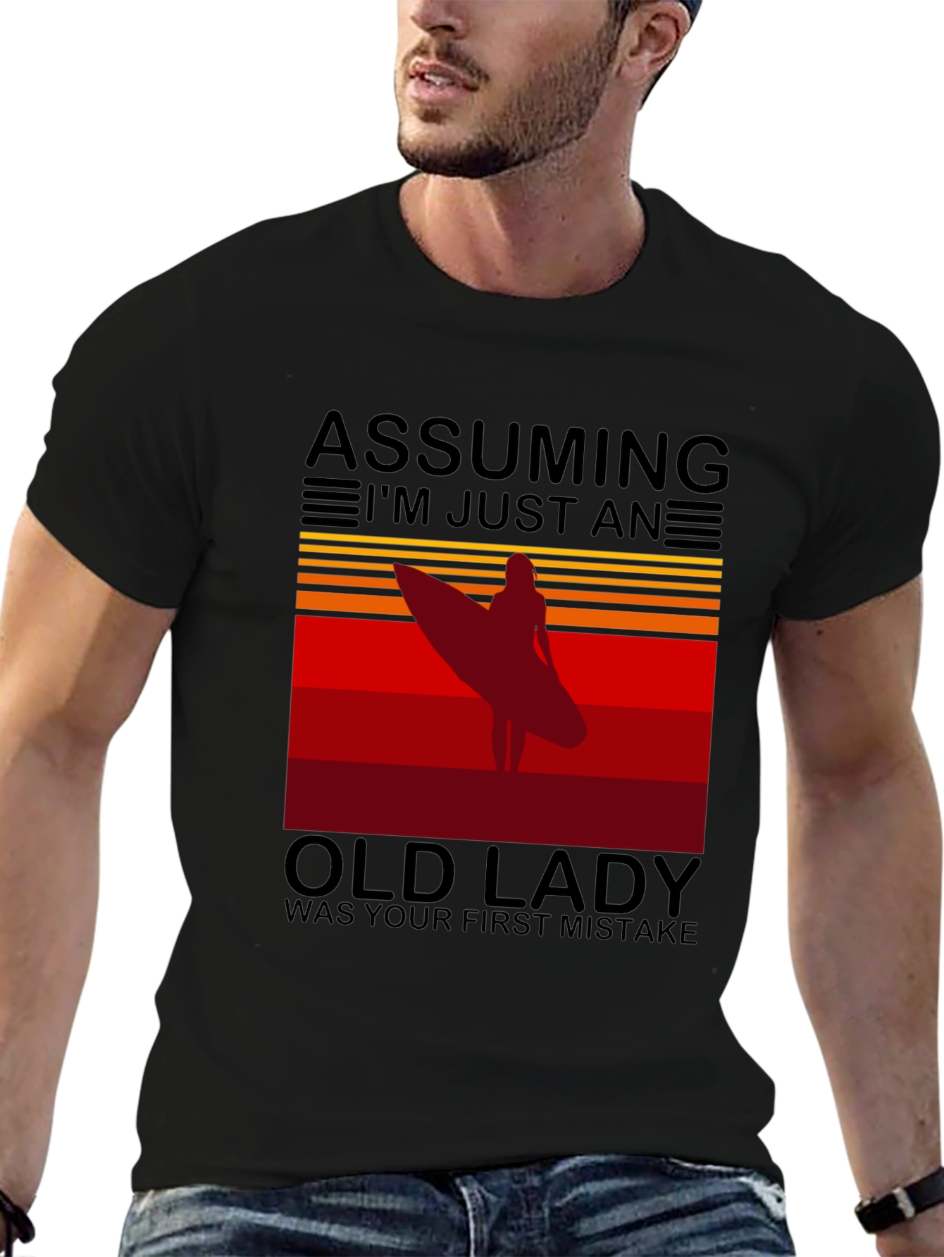 Black Assuming Old Lady Surfer T-Shirt view 6