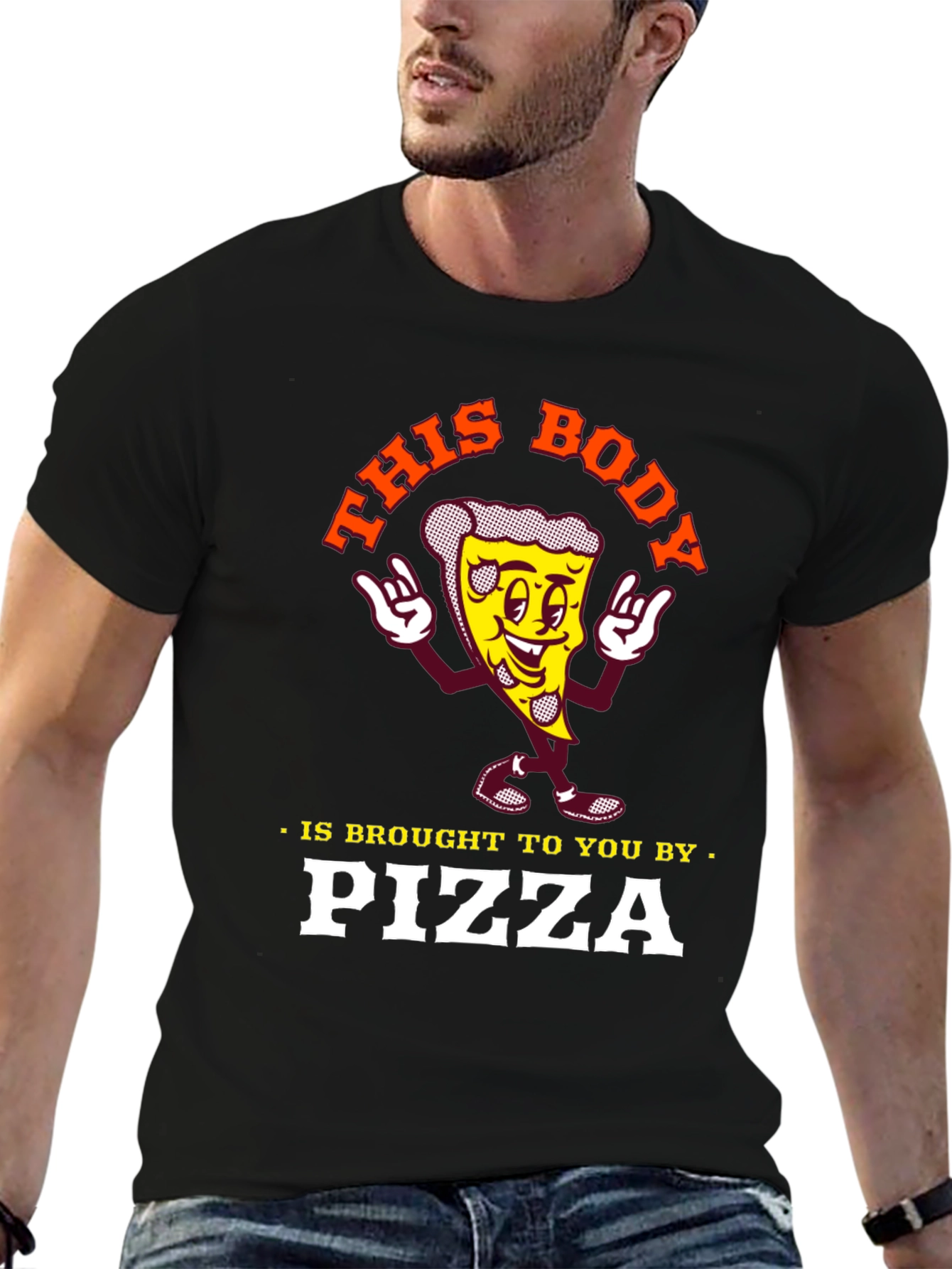 Black Funny Pizza Lover T-Shirt: This Body Brought to You by Pizza view 6
